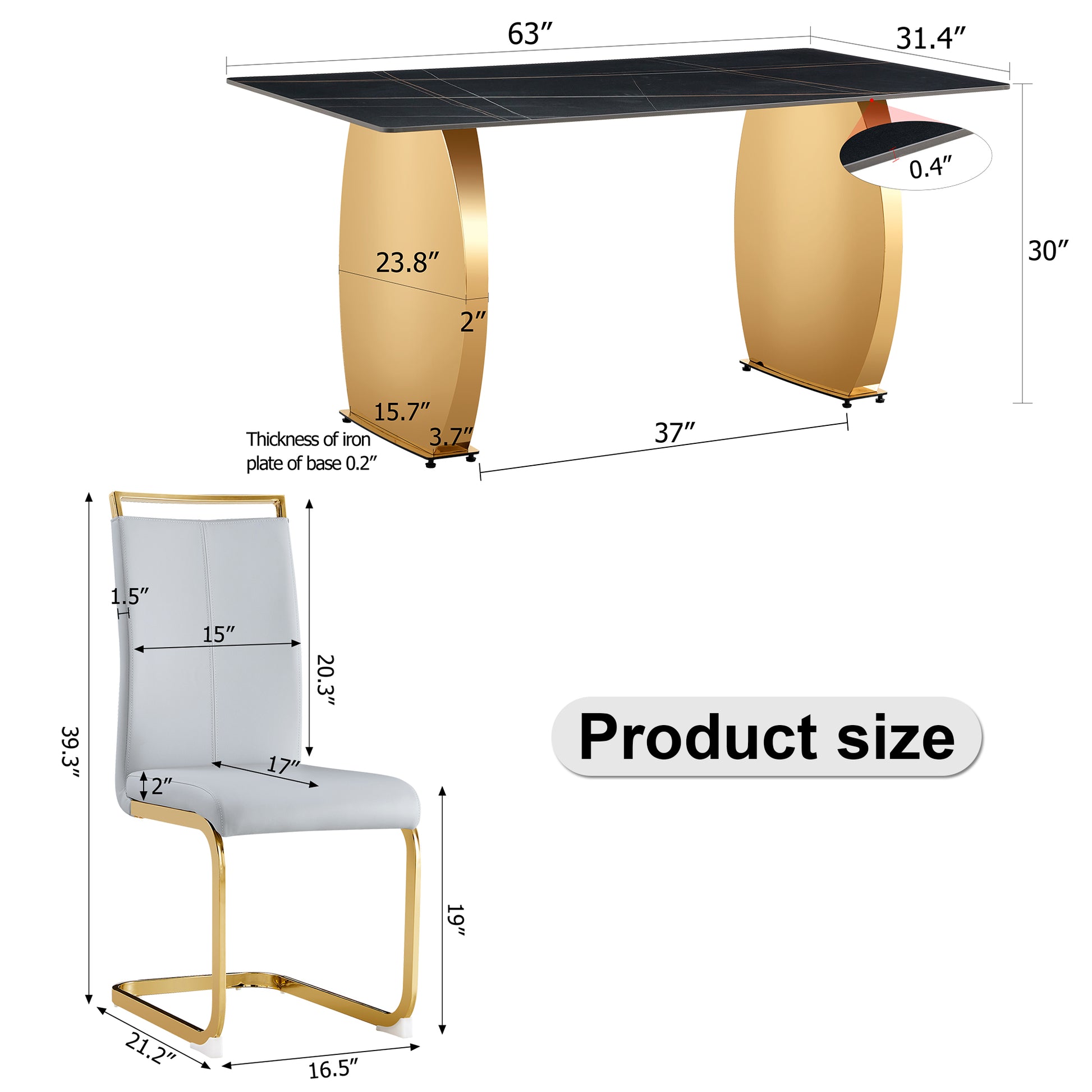 Table And Chair Set,Modern Rectangular Table With 0.4 Inch Black Patterned Tabletop And Gold Legs, Suitable For Kitchen, Dining Room, And Living Roomcomfortable Pu Seats,Perfect For Dinner, Meet. Grey Black Seats 4 Sintered Stone