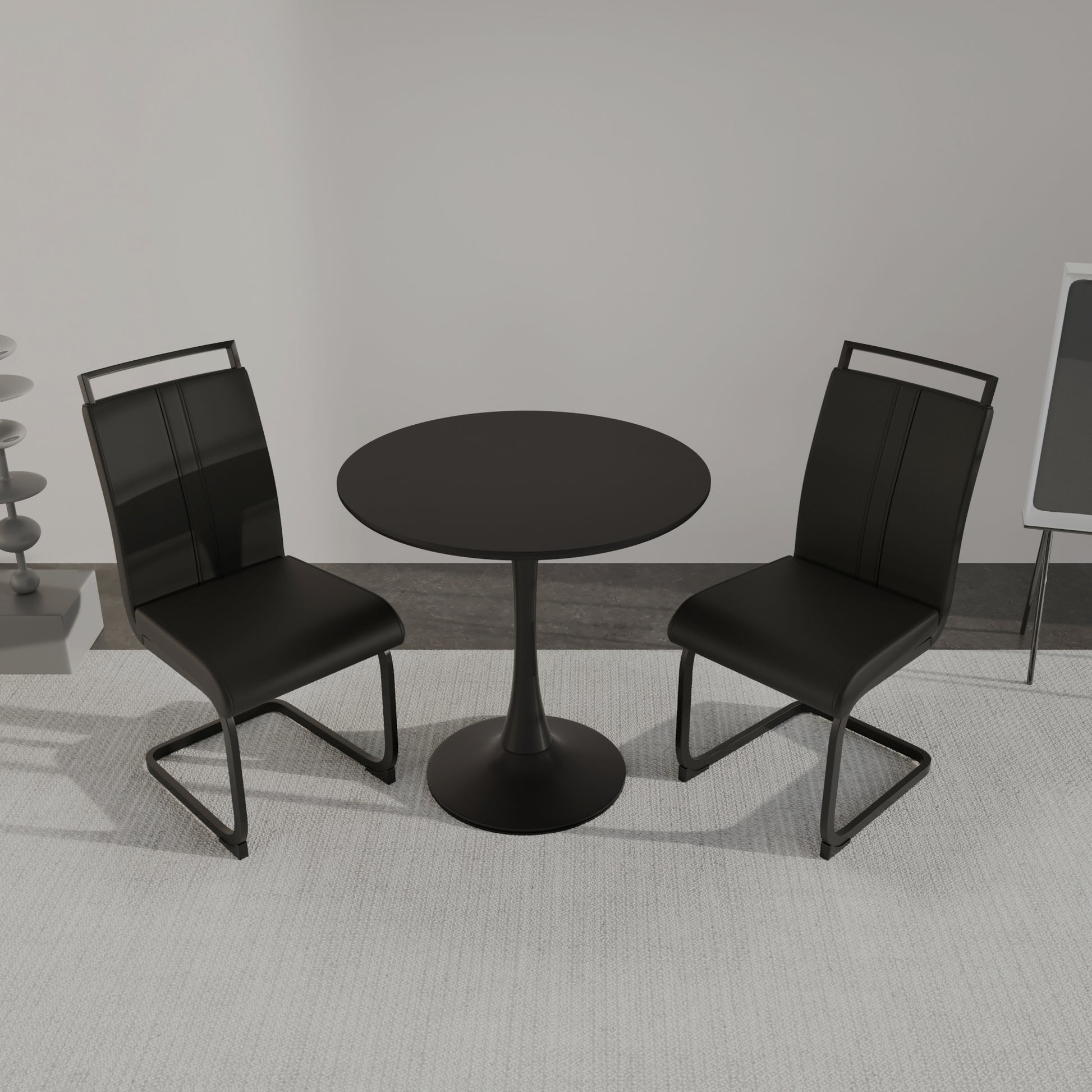Black Circular Dining Table, 31.5 "Tulip Dining Table, Kitchen Dining Table For 2 4 People, Mdf Tabletop And Base, And 2 Black Pu Black Metal Leg Dining Chairs Set 2 Black Mdf