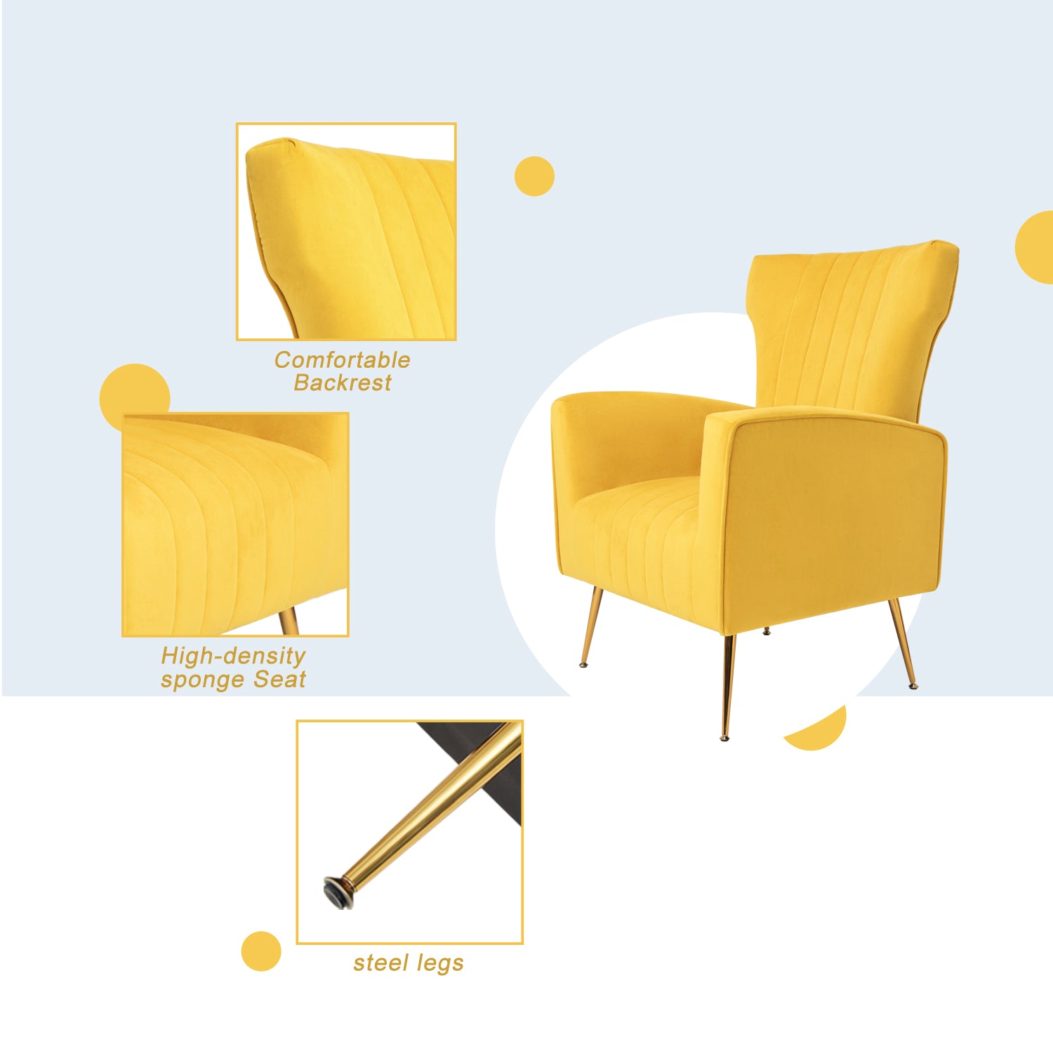 Velvet Accent Chair, Wingback Arm Chair With Gold Legs, Upholstered Single Sofa For Living Room Bedroom Yellow Velvet 1 Seat