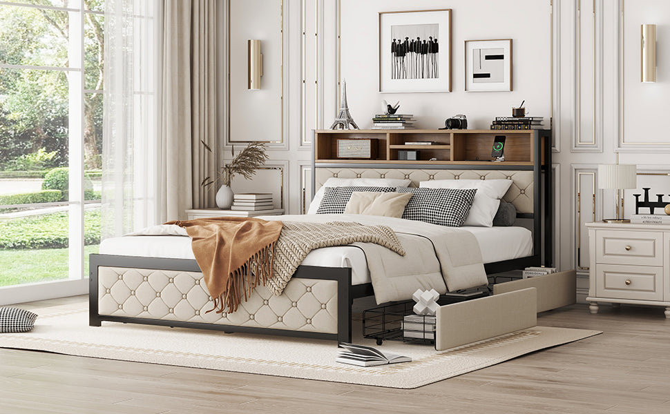 Metal Queen Size Platform Bed With 4 Drawers, Upholstered Headboard And Footboard, Sockets And Usb Ports, Beige Queen Beige Black Fabric Metal