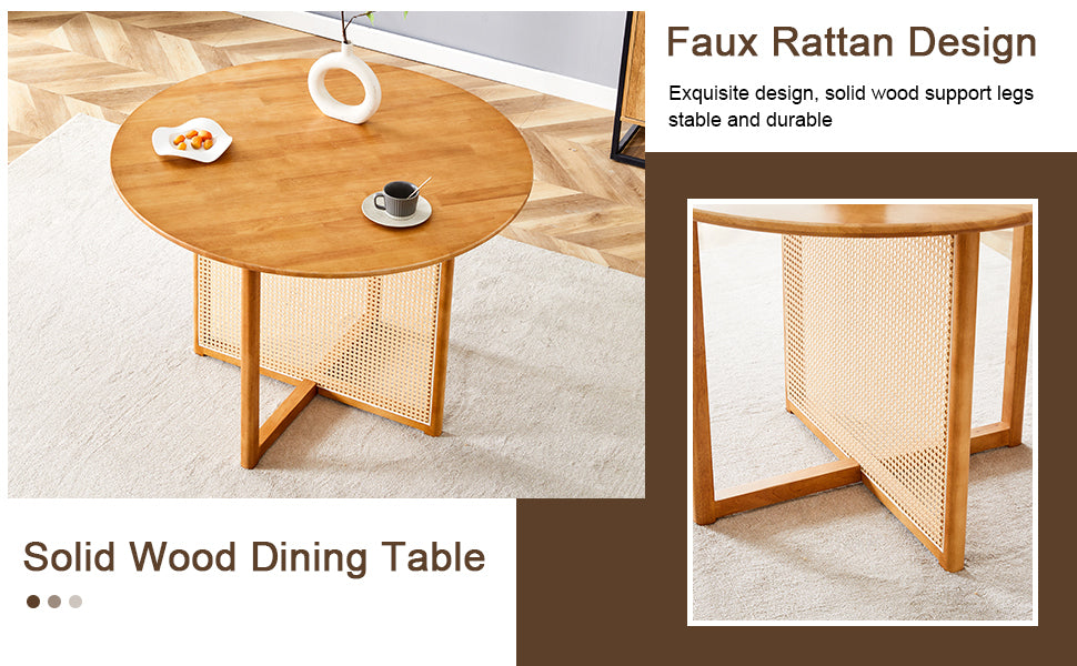 Table And Chair Set, Ancient Style Solid Wood Dining Table, Imitation Rattan Table Legs, Beautiful Simple Solid Wood Dining Chair, Perfect For Dinner, Meetings, Home And Office Decoration Wood Rubber Wood