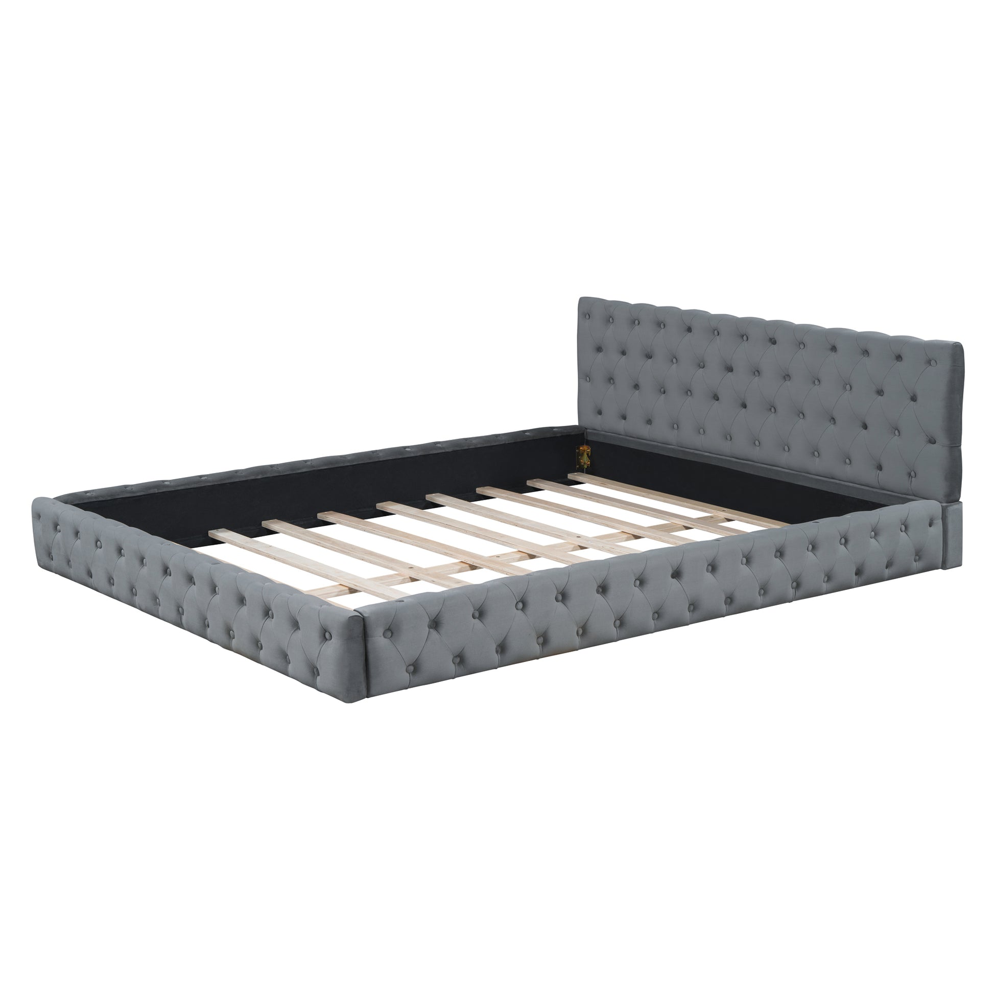 Queen Size Velvet Upholstered Platform Bed, With Luxurious Diamond Grid Headboard,Gray Queen Gray Plywood