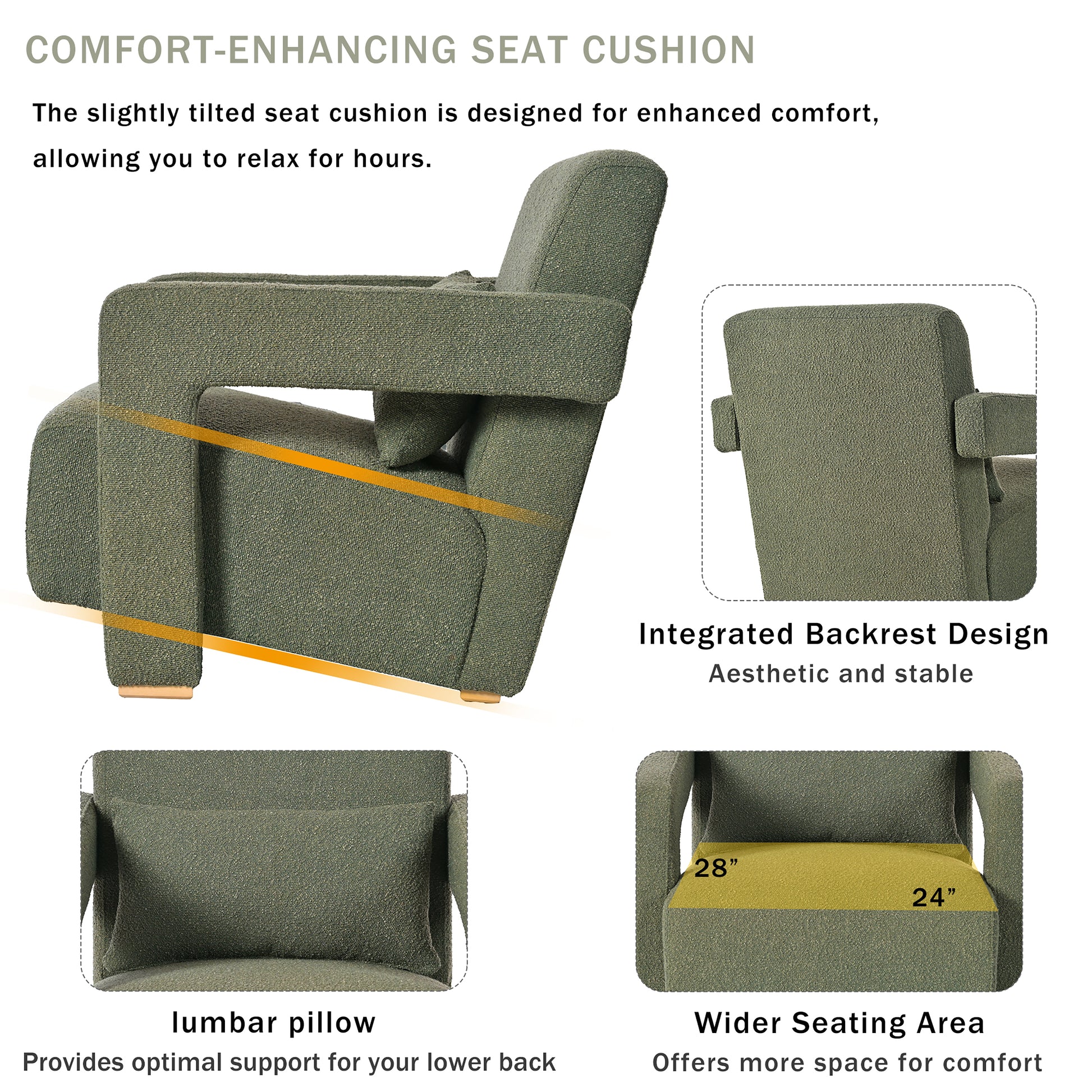 Mirod Sleek Right Angle Armrests, Ergonomic Lumbar Support, Square Wooden Block Legs, Inclined Seat For Comfort, Artistic Statement Piece For Living Room,Bedroom And Study Green Boucle