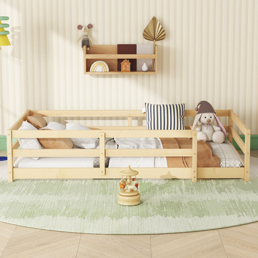 Twin Size Floor Bed, Montessori Floor Bed With Fence, Kids Montessori Bed Twin Size, Wood Montessori Floor Bed For Kids, Girls, Boys Natural Natural Wood Metal