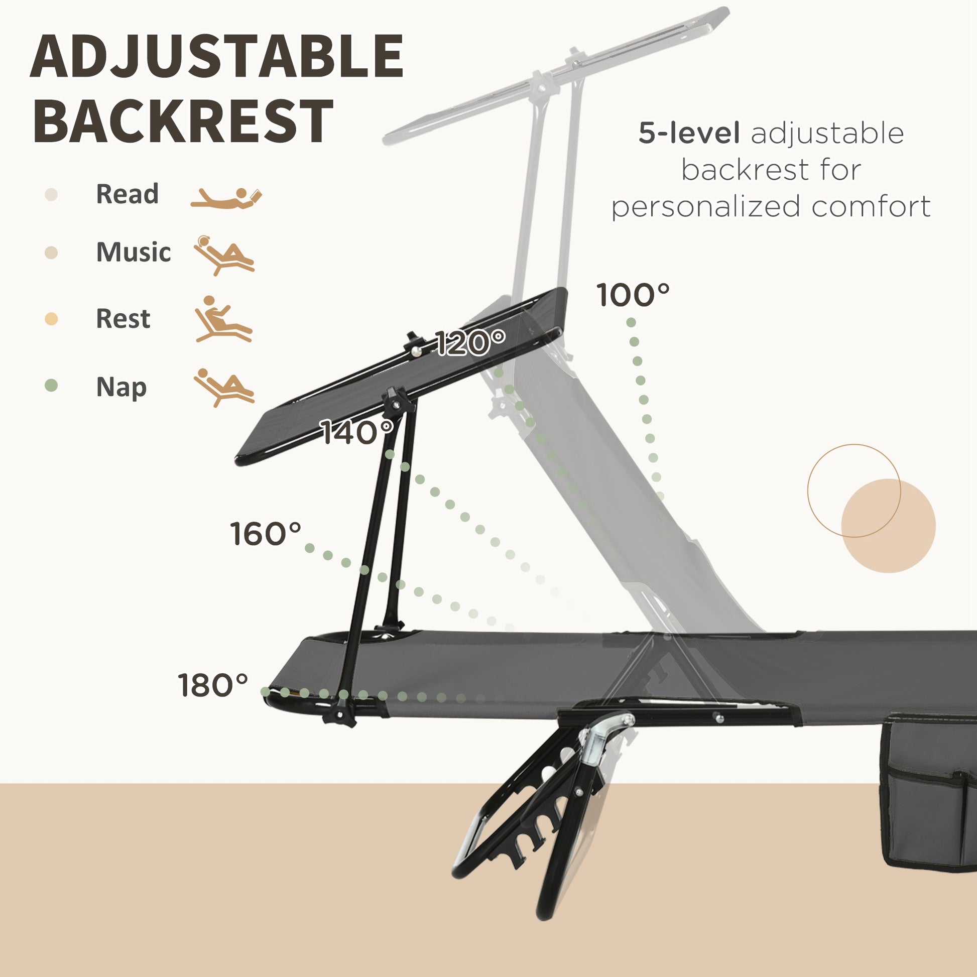 Outsunny Folding Chaise Lounge Pool Chairs, Outdoor Sun Tanning Chairs With Canopy Shade, Reclining Back, Steel Frame And Side Pocket For Beach, Yard, Patio, Dark Gray Dark Grey Steel