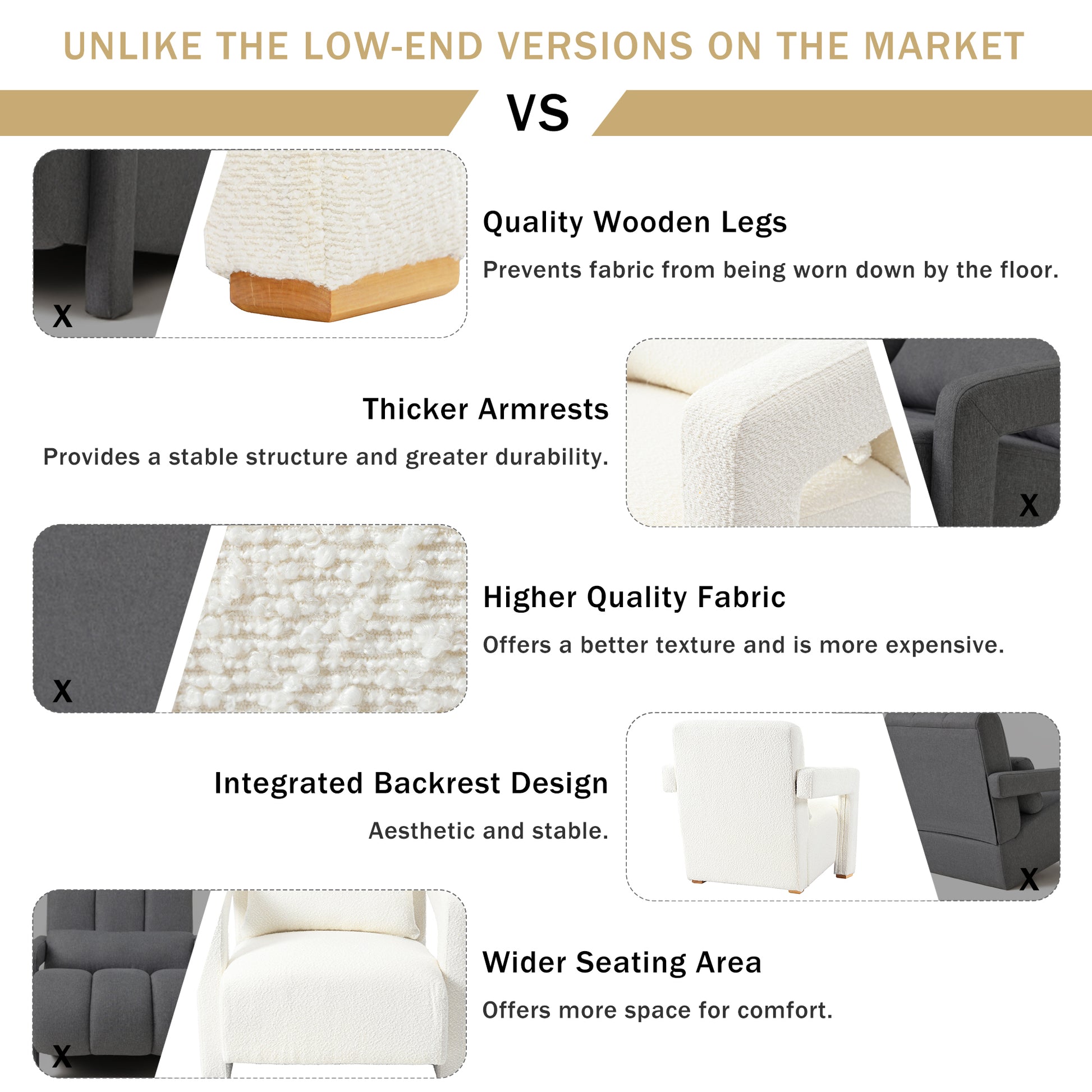 Mirod Sleek Right Angle Armrests, Ergonomic Lumbar Support, Square Wooden Block Legs, Inclined Seat For Comfort, Artistic Statement Piece For Living Room,Bedroom And Study White Boucle