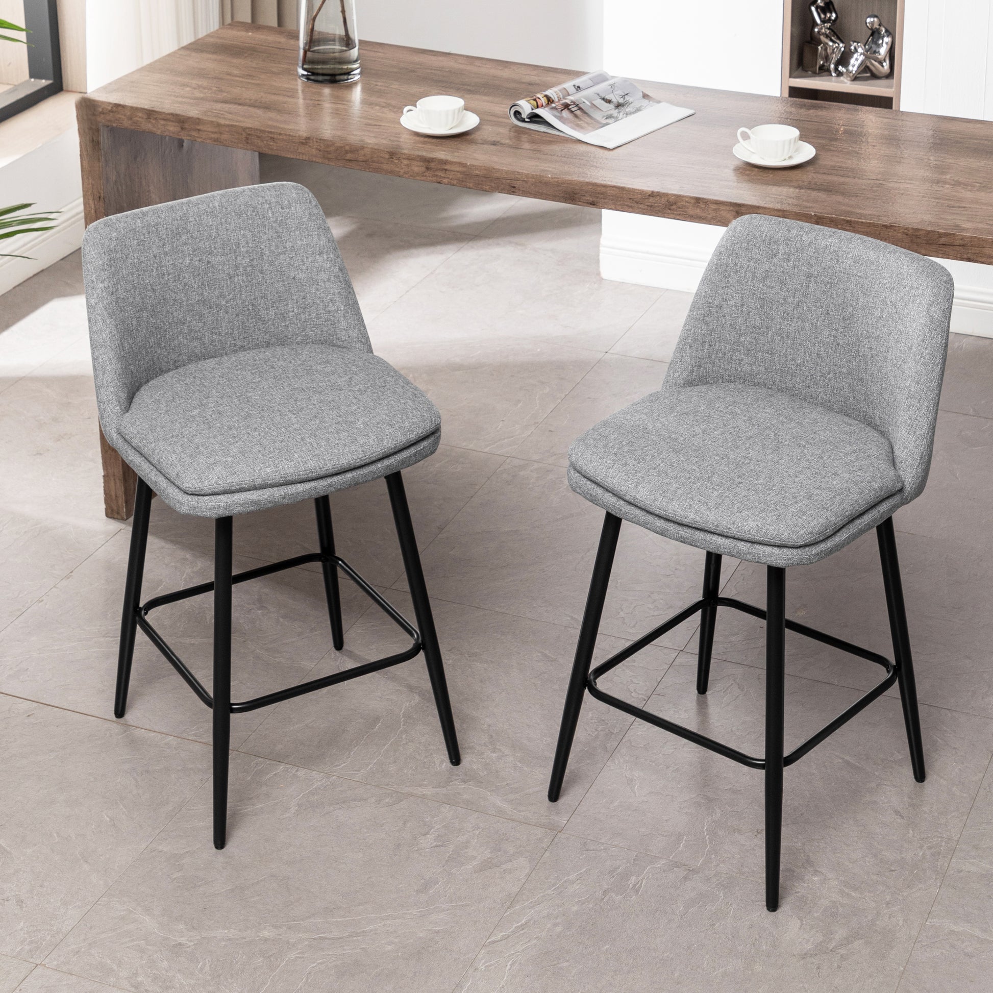 Counter Height Swivel Bar Stools Set Of 2, 360 Swivel Upholstered Barstools With Back And Metal Legs, 25.6" Seat Height,Counter Stools For Kitchen Island And Pub,Linen Cloth,Grey Light Grey Set Of 2 Linen
