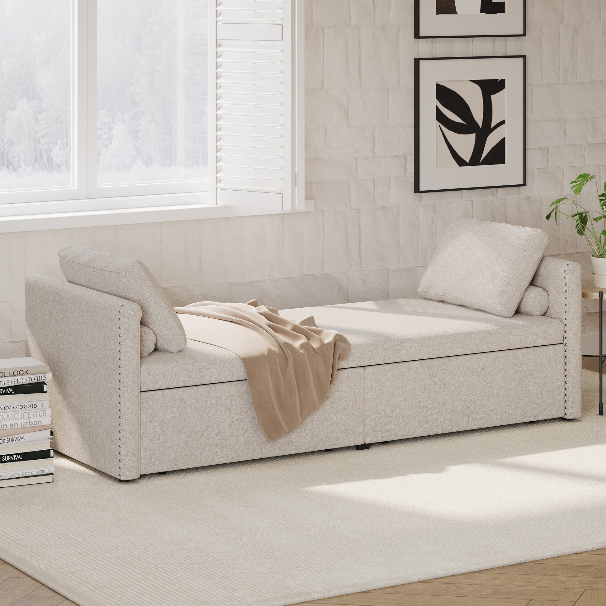 Modern Upholstered Chaise Lounger Daybed Small Single Daybed With 2 Drawers, No Mattress Needed, Perfect For Living Rooms & Home Office, Linen Fabric, Beige Beige Linen