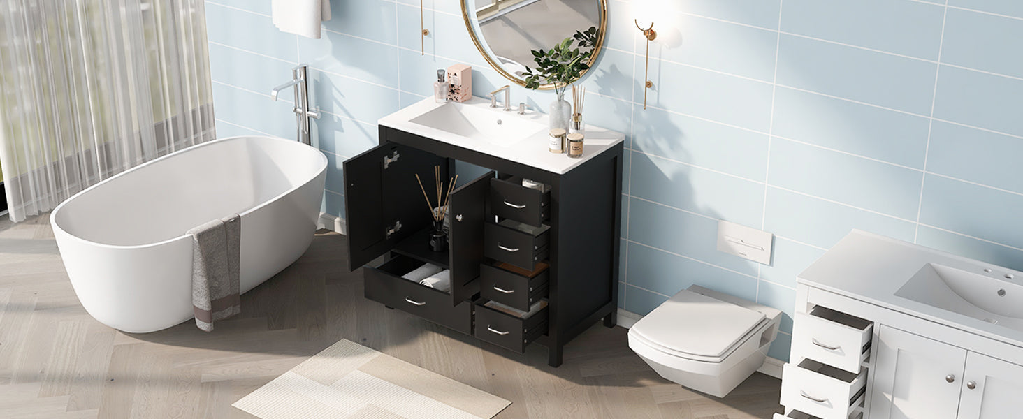 36" Black Bathroom Vanity With Ceramic Sink Combo, Abundant Storage Cabinet 2 Soft Close Doors And 5 Drawers Black Bathroom Solid Wood Mdf