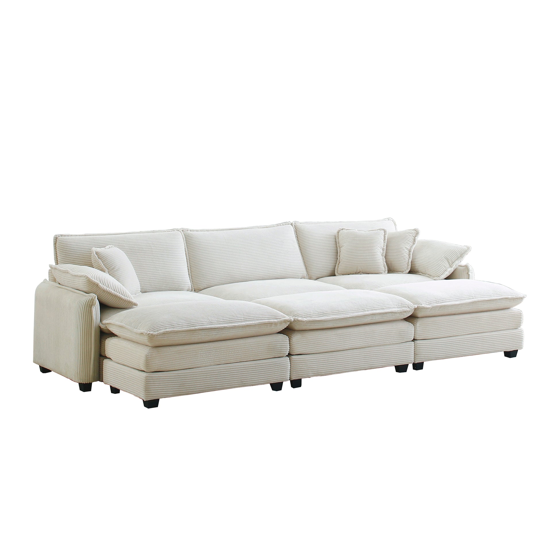 Oversized Modular Cushioned Sofa,With 3 Ottomans To Work As Sleeper Sofa Beds, 3 Seater Sofa With 3 Footstools, Beige Corduroy Fabric Beige Corduroy 3 Seat
