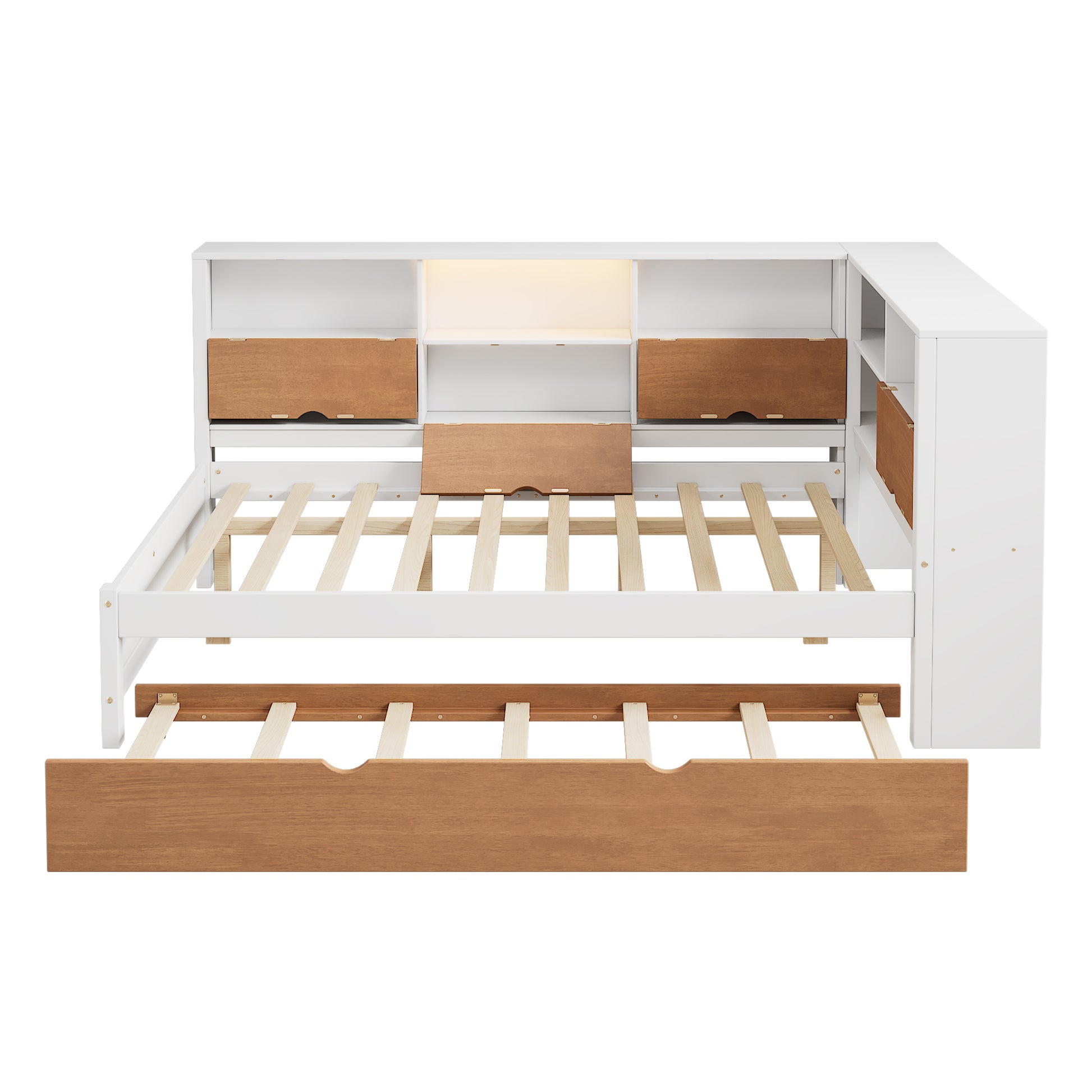 L Shaped Bed Frame With Trundle And And Bookcase,Corner Bed Wooden Captain Bed With Led Downlight And Usb Port For Small Room,Bedroom, Guest Room, Full Size, Walnut And White Box Spring Not Required Full White Walnut Wood Bedroom Modern Pine Bed Frame