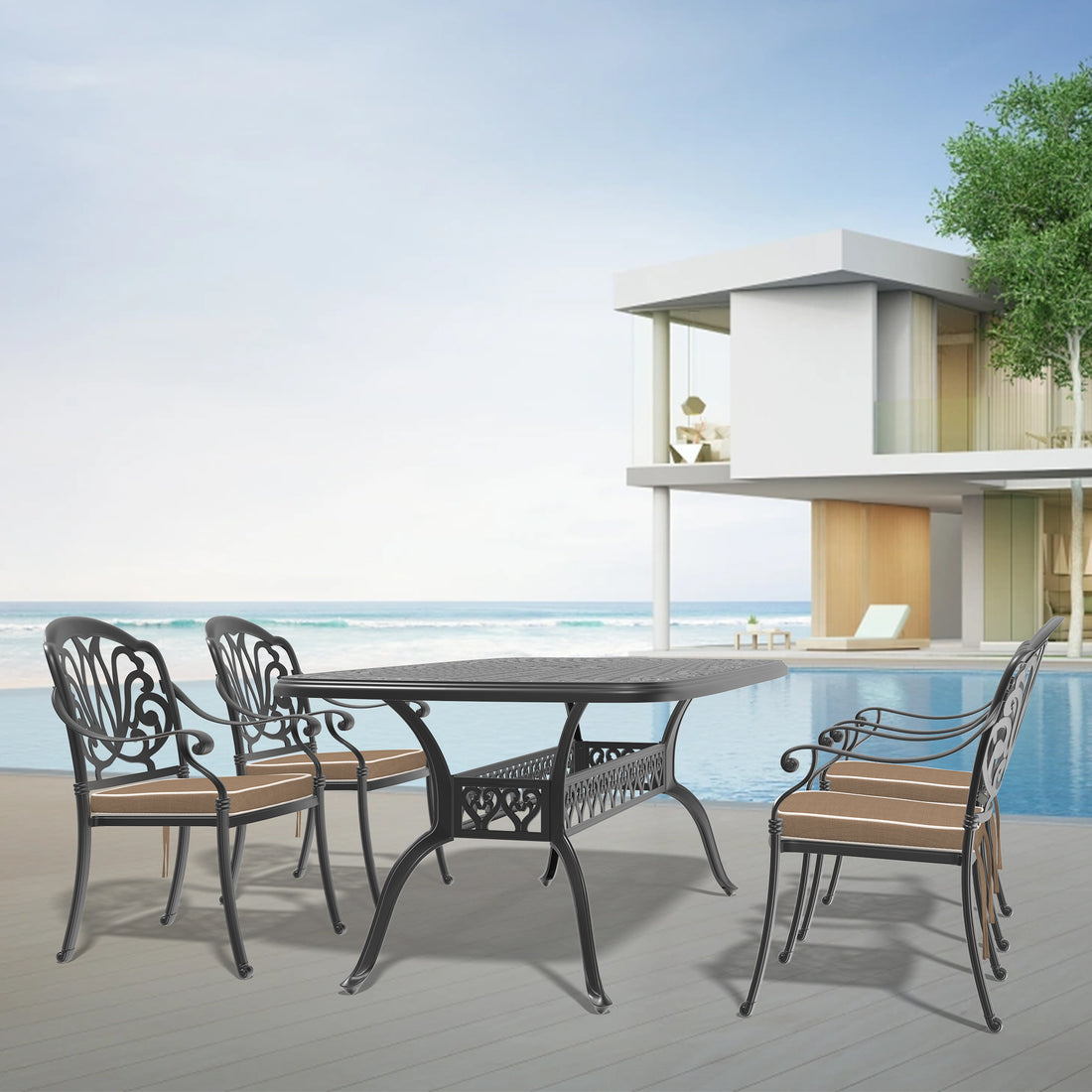 Cushions In Random Colors 5 Piece Set Of Cast Aluminum Patio Furniture With Cushions Yes Dining Set Black Seats 4 Rust Resistant Frame Water Resistant Cushion Garden & Outdoor Complete Patio Sets Aluminium