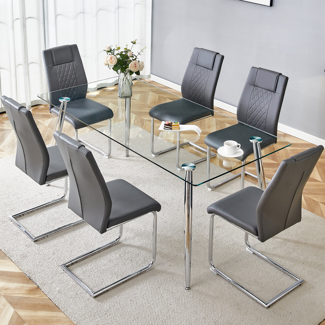 Table And Chair Set.Modern Rectangular Glass Dining Table With A Tempered Glass Tabletop And Silver Metal Legs, Paired With Multiple Chairs Designed With Pu Cushions And Silver Metal Legs. Gray Silver Seats 6 Tempered Glass