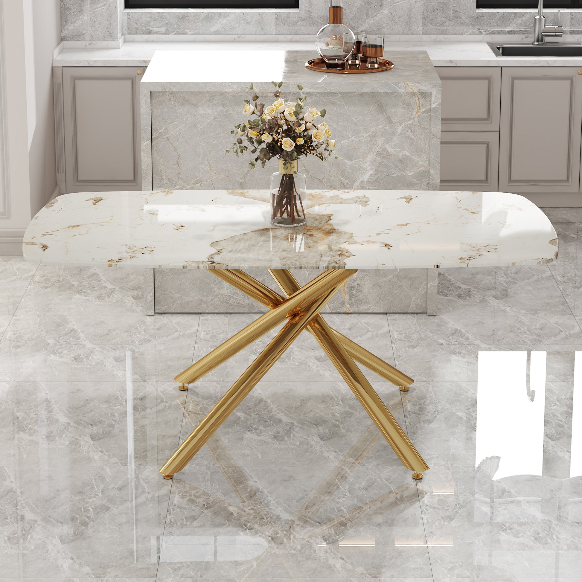 Large Modern Minimalist Rectangular Dining Table With 0.39 "Imitation Marble Tabletop And Golden Metal Legs, Suitable For Kitchen, Dining Room, Living Room, Conference Room, W1151S00987 Gold Glass Metal