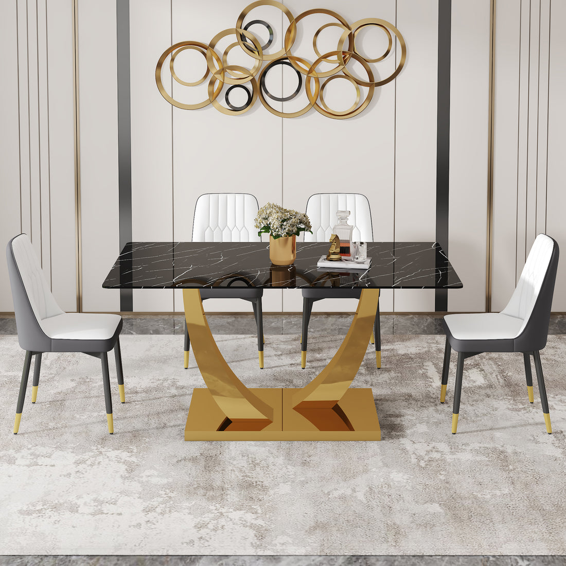 Table And Chair Set.Modern Rectangular Dining Table With Black Textured Stickers Glass Tabletop And Gold Plated Metal Legs.Paried With 4 Comfortable Chairs With Pu Seats And Black Metal Legs. Black Gold,White,White Gray Seats 4 Glass Metal