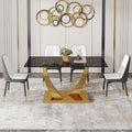 Table And Chair Set.Modern Rectangular Dining Table With Black Textured Stickers Glass Tabletop And Gold Plated Metal Legs.Paried With 4 Comfortable Chairs With Pu Seats And Black Metal Legs. Black Gold,White,White Gray Seats 4 Glass Metal