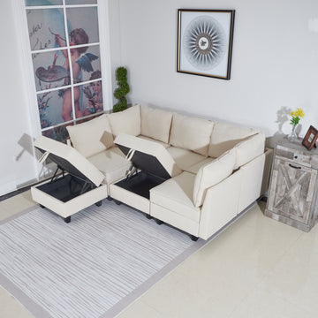 7 Seater Modular Pieces Sofa Storage Seats 7 Seat Living Room Furniture Modular Sleeper Sofa Brown Wood Primary Living Space Medium Duty Acacia 7 Seat Beige Chenille Soft Cushion Back Casual,Classic Armless Foam Wood