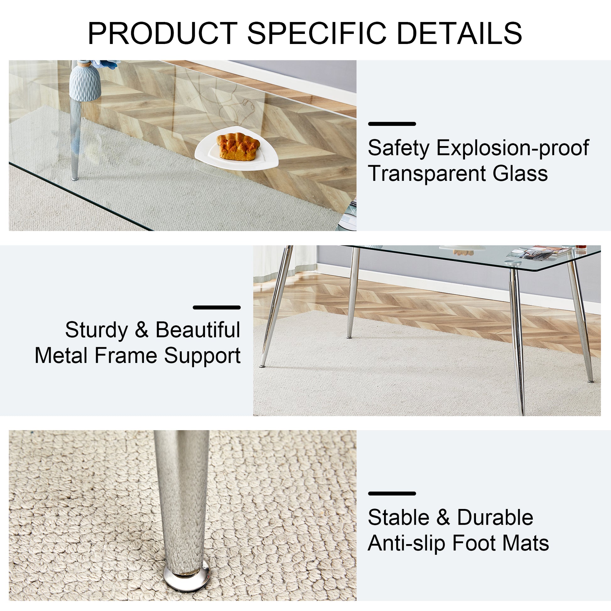 Table And Chair Set.Modern Rectangular Glass Dining Table With A Tempered Glass Tabletop And Silver Metal Legs, Paired With Multiple Chairs Designed With Pu Cushions And Silver Metal Legs. Black Silver Seats 6 Tempered Glass