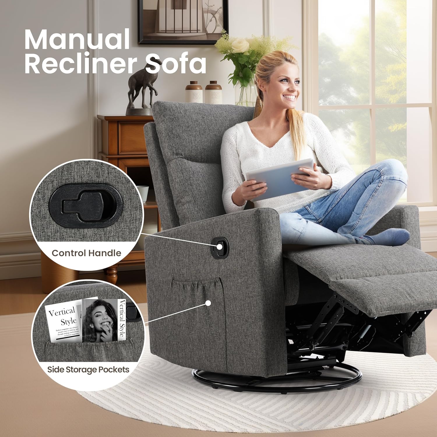 Rocking Recliner Chair With Large Footrest, Stain Resistant Faux Leather Recliner Rocker, Single Sofa Recliner For Living Room, Office, High Back, Upholstered Deep Seat, Grey Grey Metal