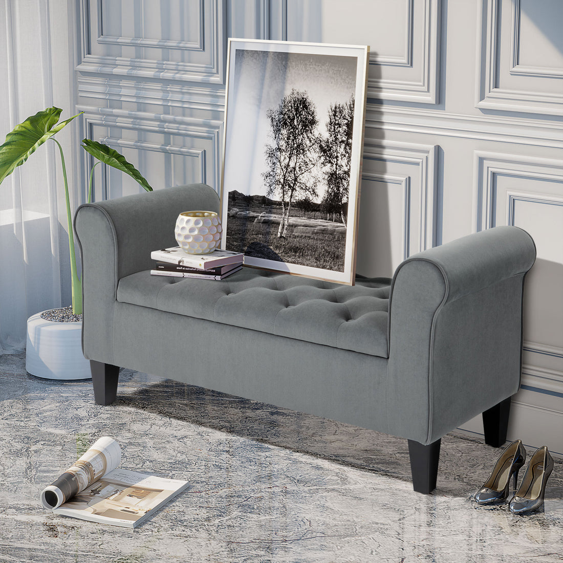 Homcom Button Tufted Storage Ottoman Bench, Upholstered Bench With Rolled Armrests For Living Room Or Hallway, Gray Grey Polyester