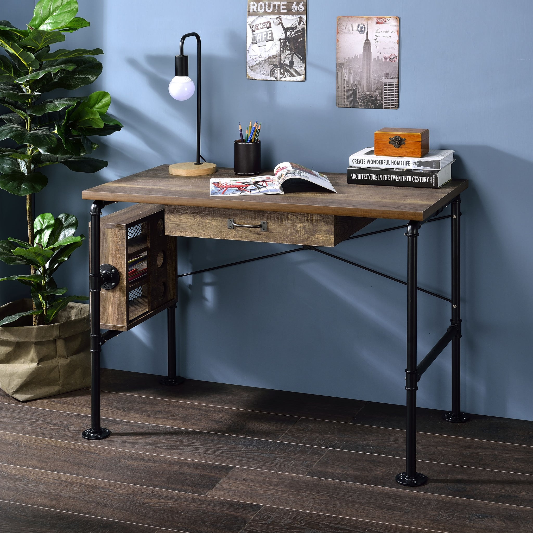 Endang Weathered Oak & Black Finish Writing Desk Black,Oak Metal,Synthetic Wood