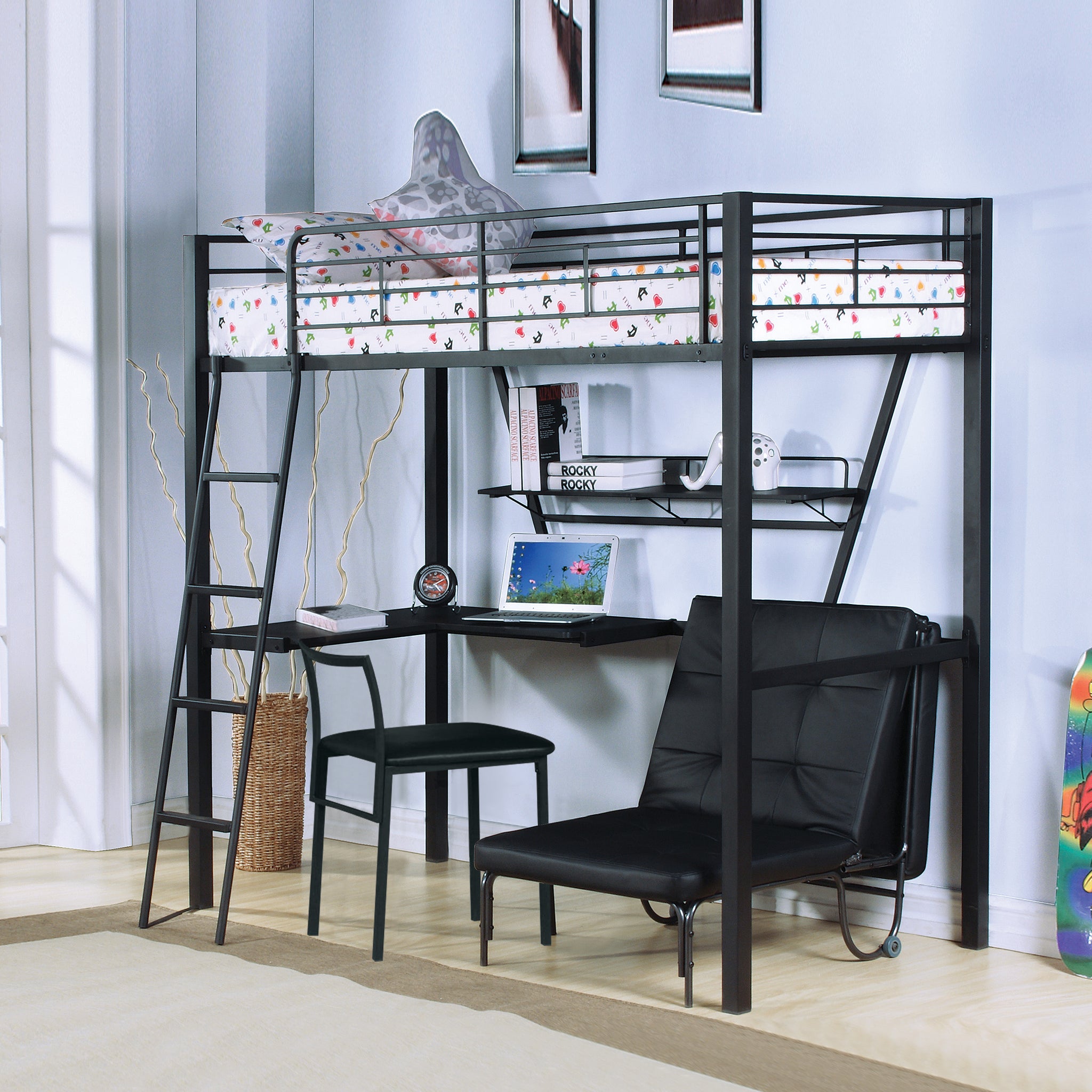 Senon Silver & Black Finish Twin Loft Bed W Desk Black,Silver Metal,Synthetic Wood
