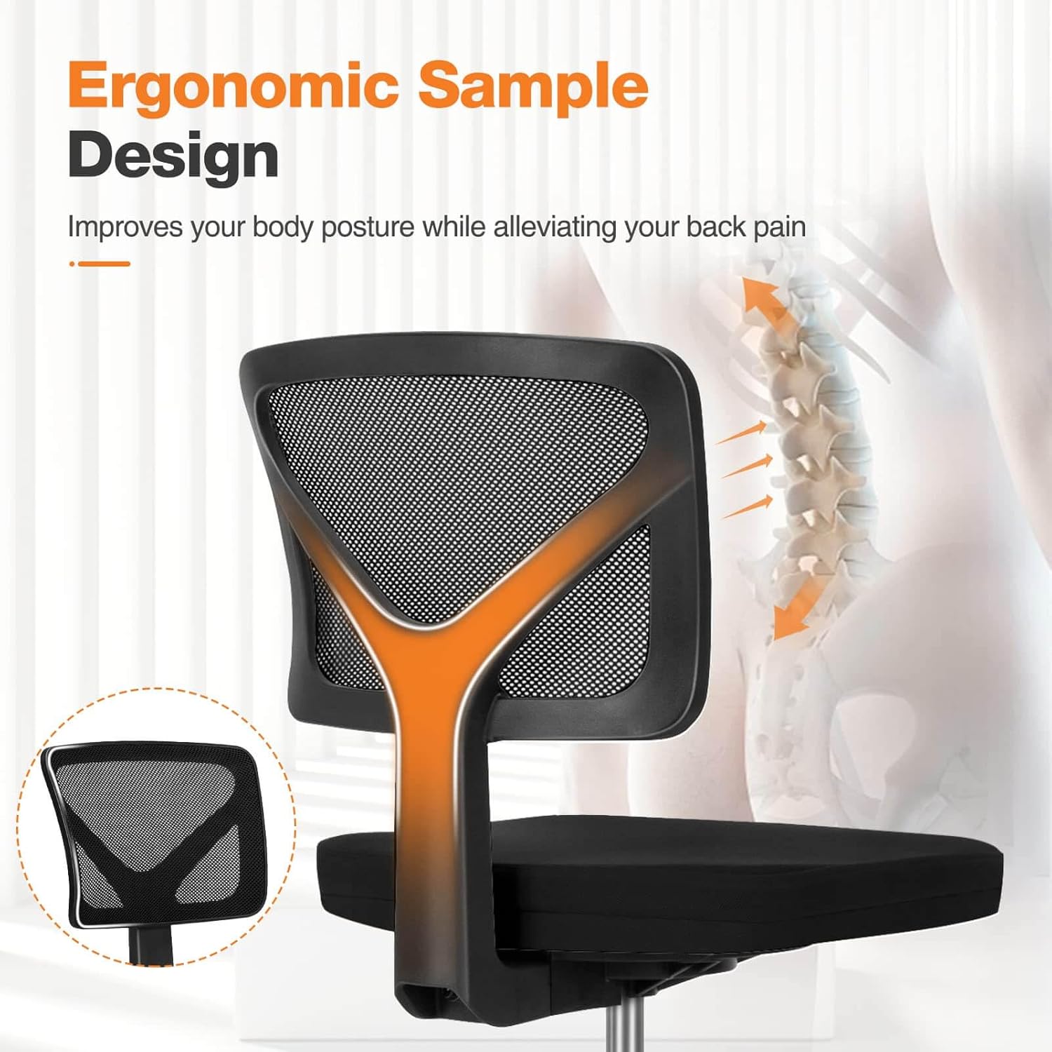 Low Back Mesh Armless Office Chair,Swivel Rolling Computer Chair No Arms With Lumbar Support, Black Black Metal