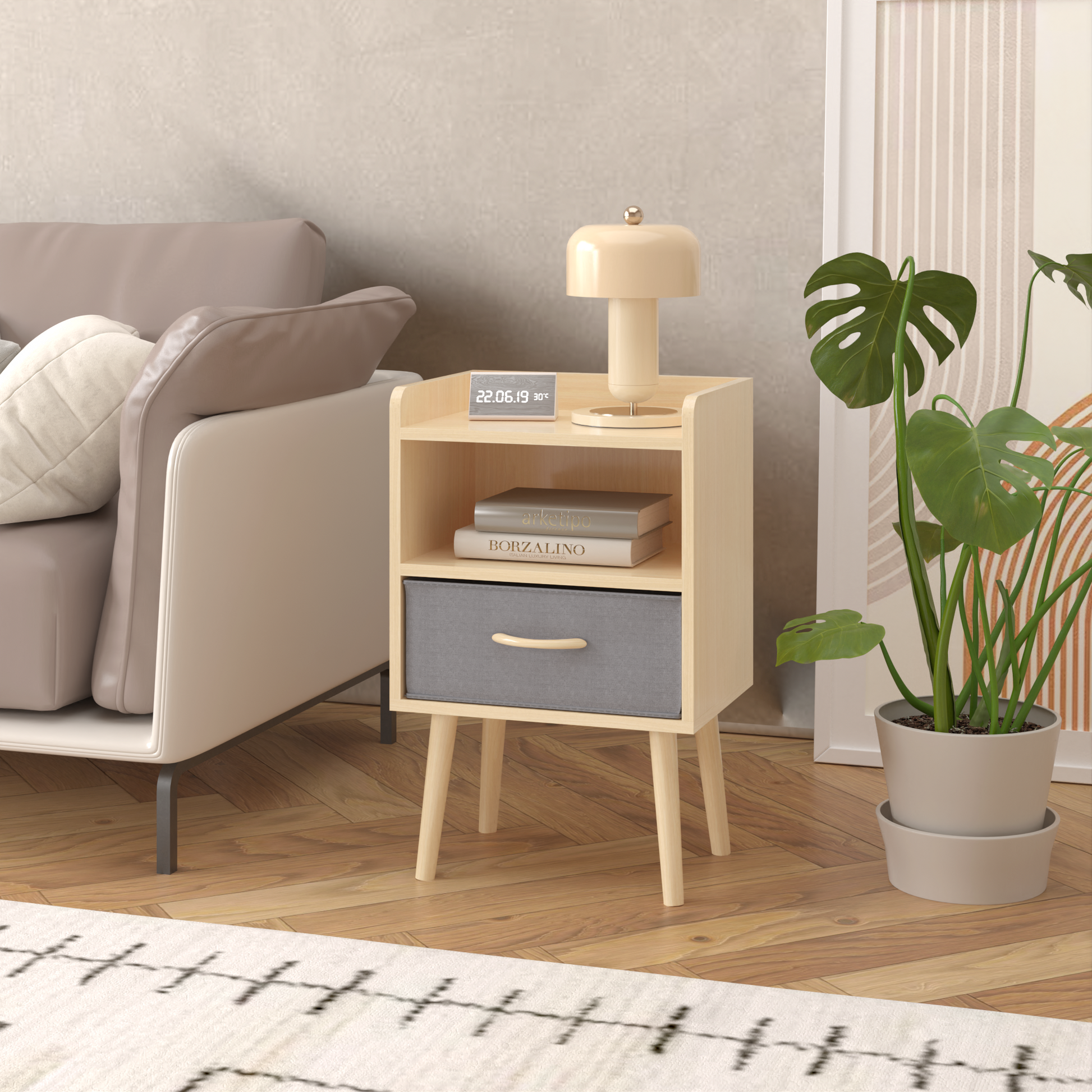 2Pc Nightstand With Collapsible Fabric Drawer, 2 Tier Storage End Table, Wood Side Table With Storage Cabinet For Bedroom, Living Room Oak Oak Engineered Wood