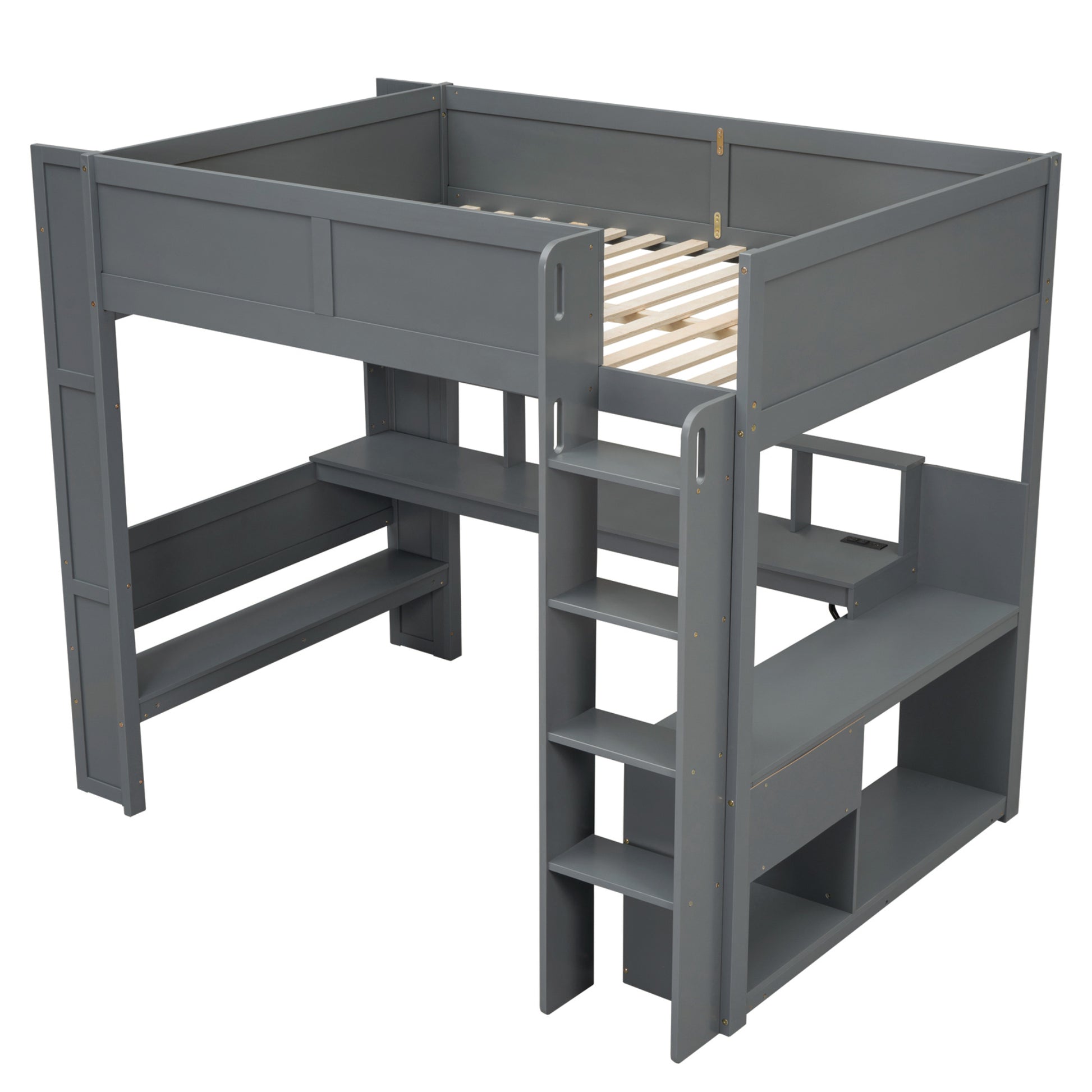 Wood Full Size Gaming Loft Bed With Desk, Multi Storage Shelves, Led And Charging Station, Dark Gray Box Spring Not Required Full Dark Gray Wood Bedroom Bed Frame Solid Wood Mdf