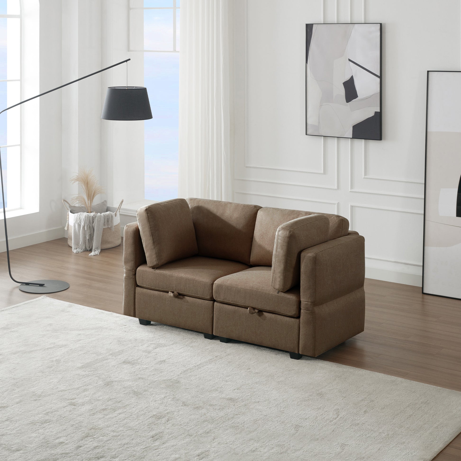 Contemporary Modern Chic Upholstered Fabric Sofa With Storage Seats And Storage Ottomans, 2 Seater Sofa Fabric Couch With Adjustable Arms And Backs For Living Room Brown Brown Polyester 2 Seat