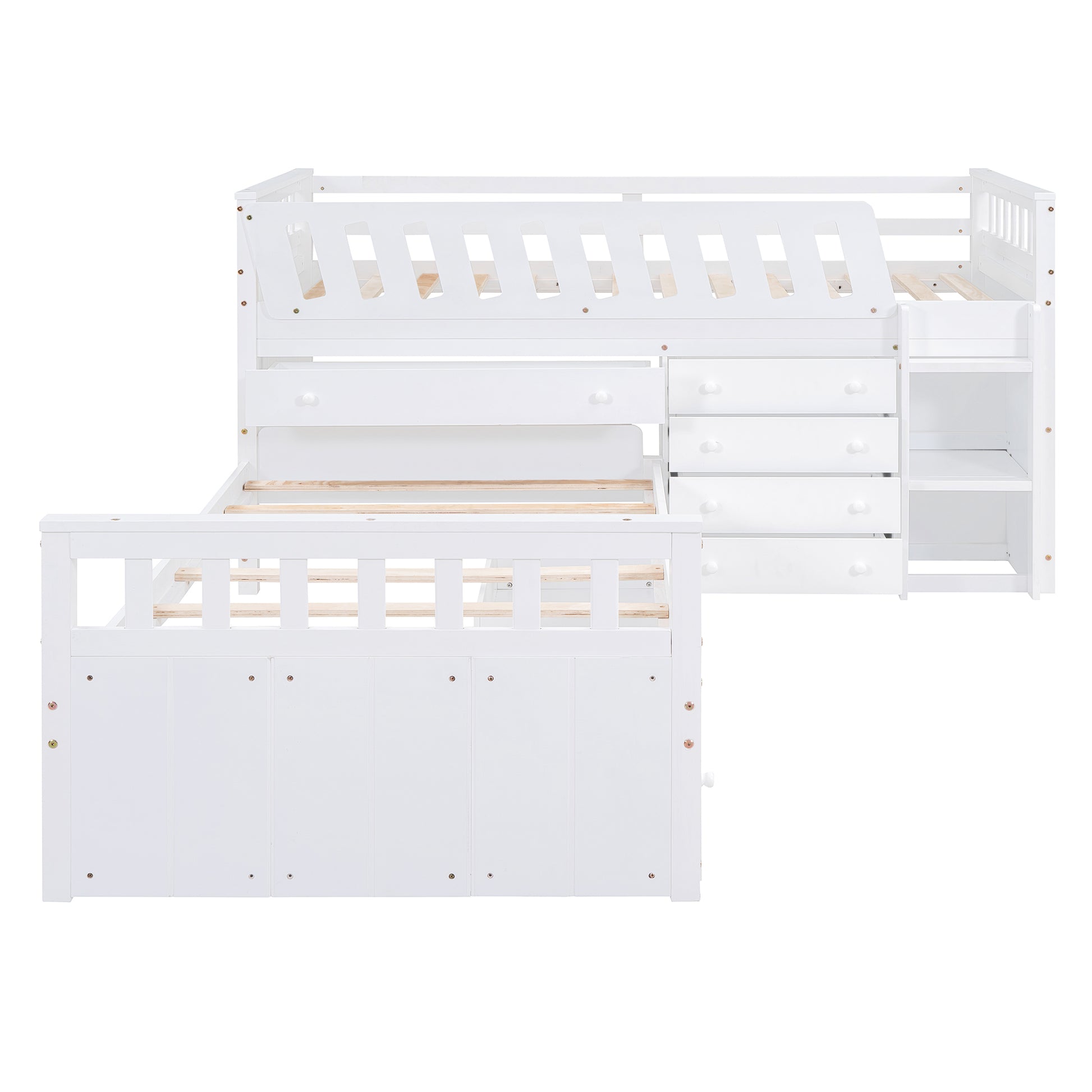 L Shaped Space Saving Twin Loft And Twin Platform Bed With 7 Drawers And Full Guardrails White Twin White Solid Wood