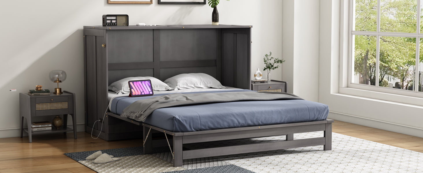 Queen Size Murphy Bed With Built In Charging Station, Antique Grey Box Spring Not Required Queen Antique Gray Wood Pine Wood