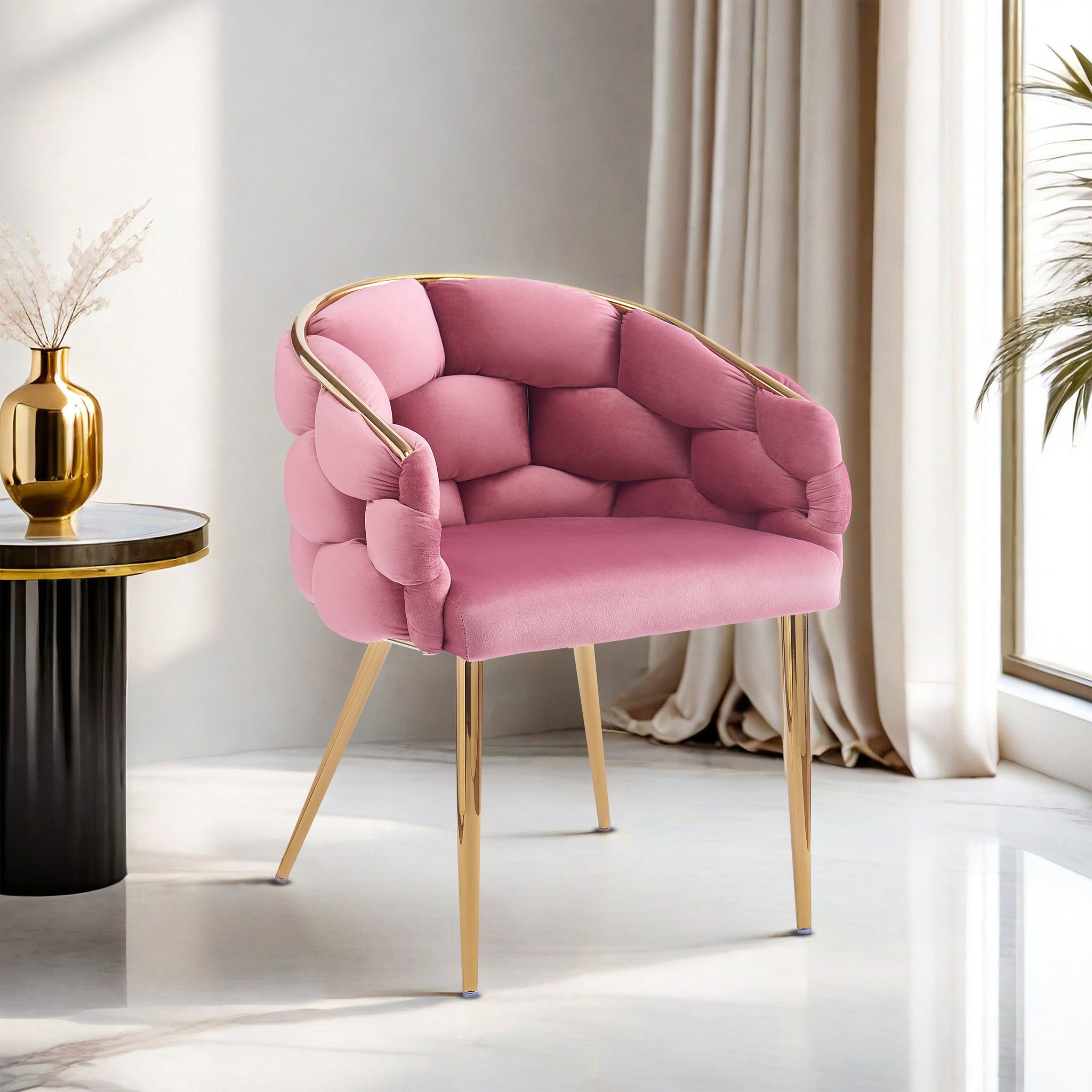Luxury Handmade Accent Chair With Gold Legs, Modern Velvet Armchair For Living Room And Bedroom Pink Foam Velvet