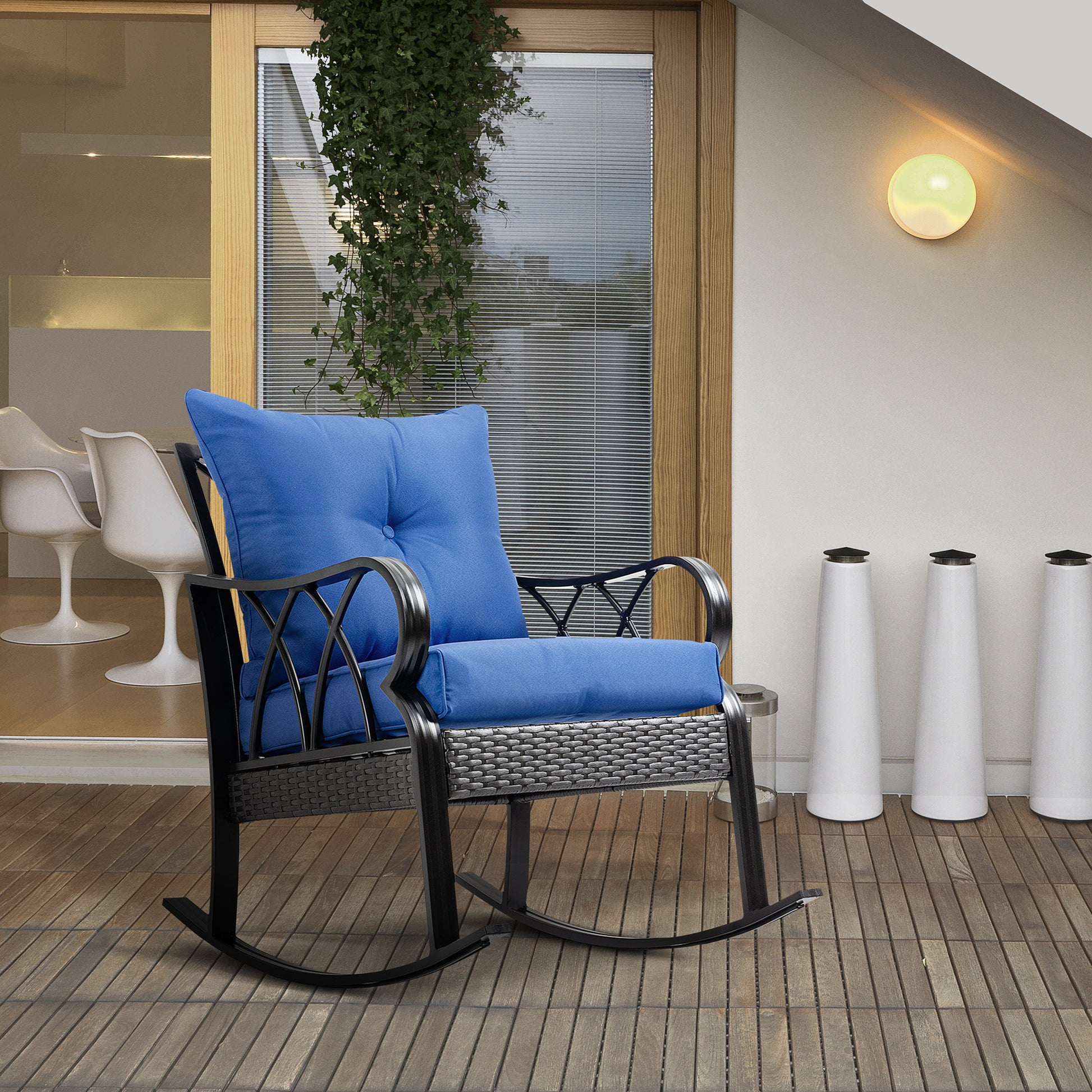 Outsunny Outdoor Wicker Rocking Chair With Padded Cushions, Aluminum Furniture Rattan Porch Rocker Chair W Armrest For Garden, Patio, And Backyard, Blue Blue Aluminum