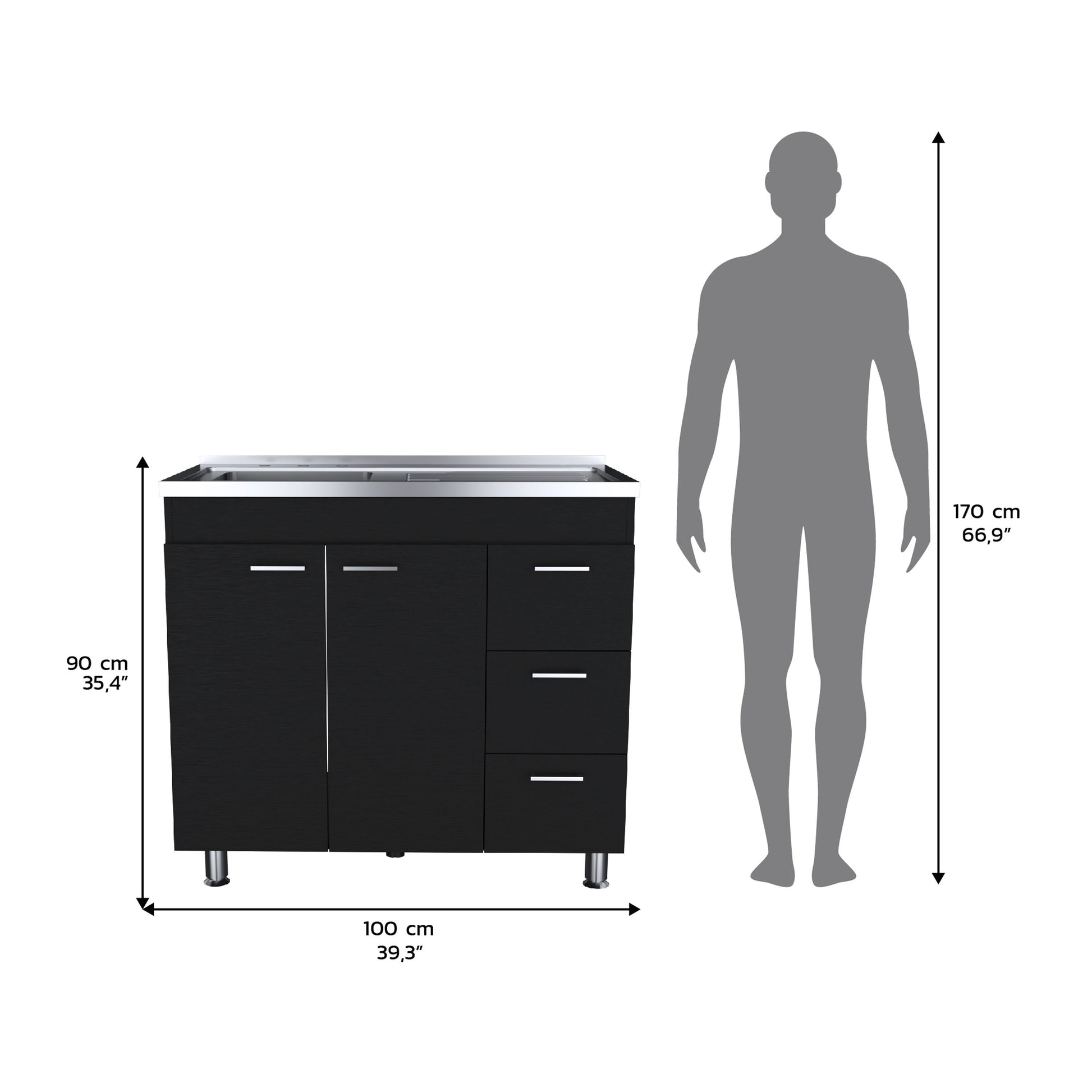 Base Double Door Cabinet, Three Drawers, Black Black Solid Wood Mdf Engineered Wood