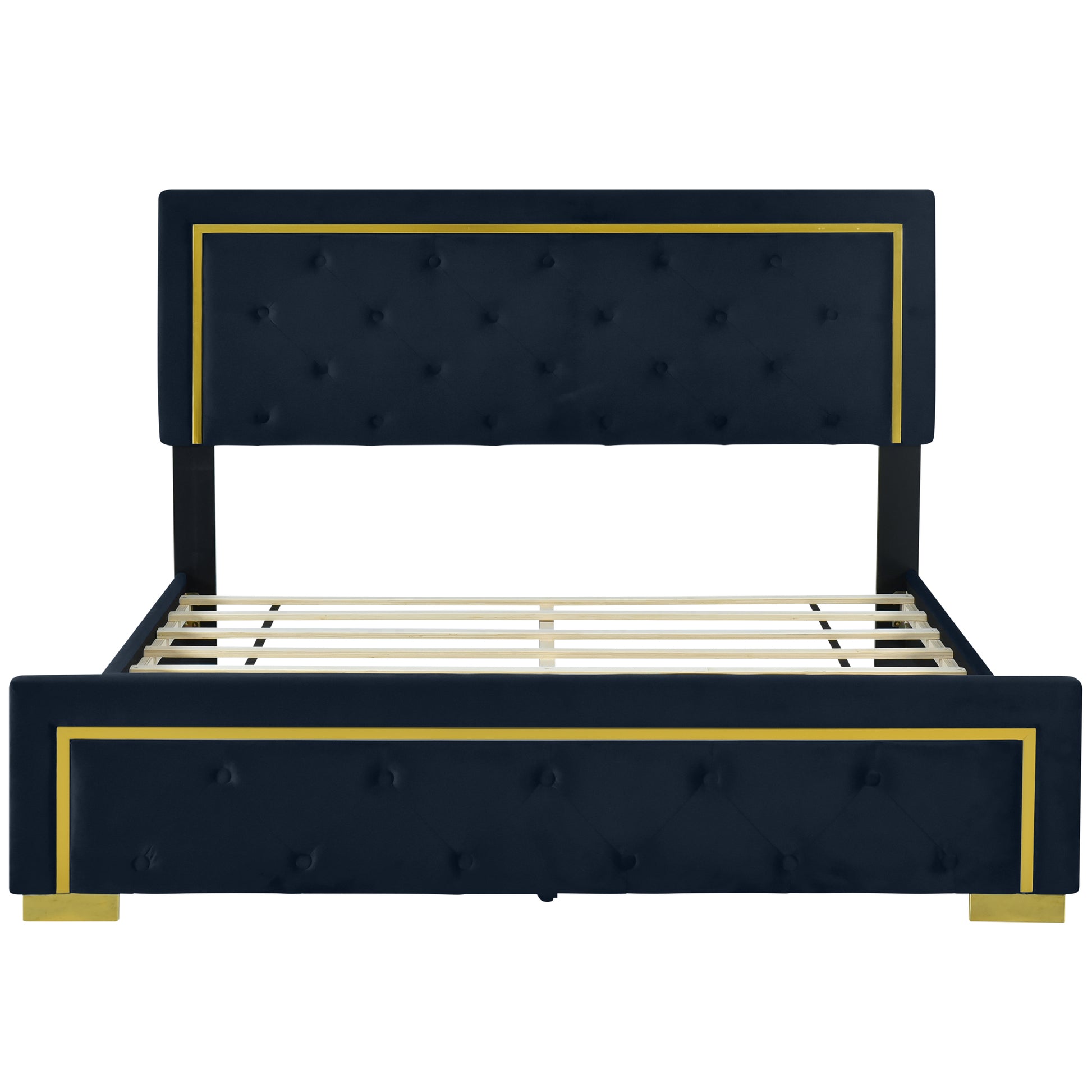 Queen Size Upholstered Platform Bed With Pull Point Headboard And Metal Wire Frame At The Head And Foot Of The Bed, Metal Feet, Velvet, Black Queen Black Mdf Lvl