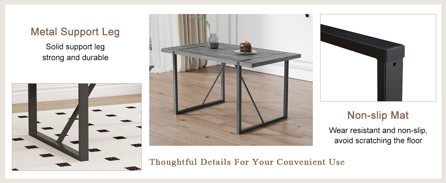 Table And Chair Set, Textured Top In Vintage Retro Grey Wood Grain Desktop, Black Metal Legs. Dining Chair With White Faux Leather Backrest Cushion With Black Metal Legs. Gray,Wood Seats 6 Mdf Metal