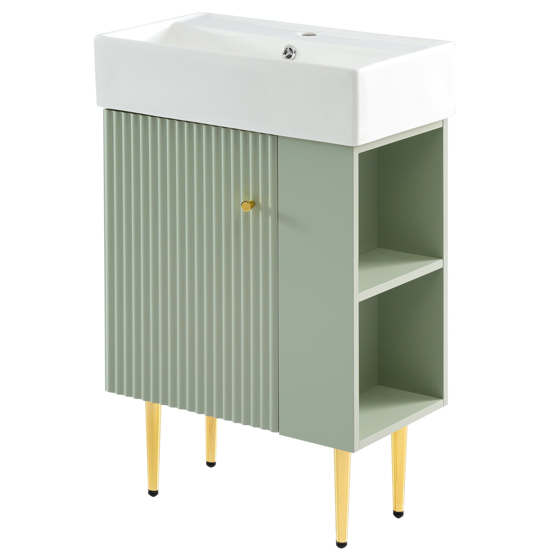 21.6" Green Bathroom Vanity, Combo Cabinet, Bathroom Storage Cabinet, Single Ceramic Sink, Right Side Storage Green Bathroom Ceramic Mdf