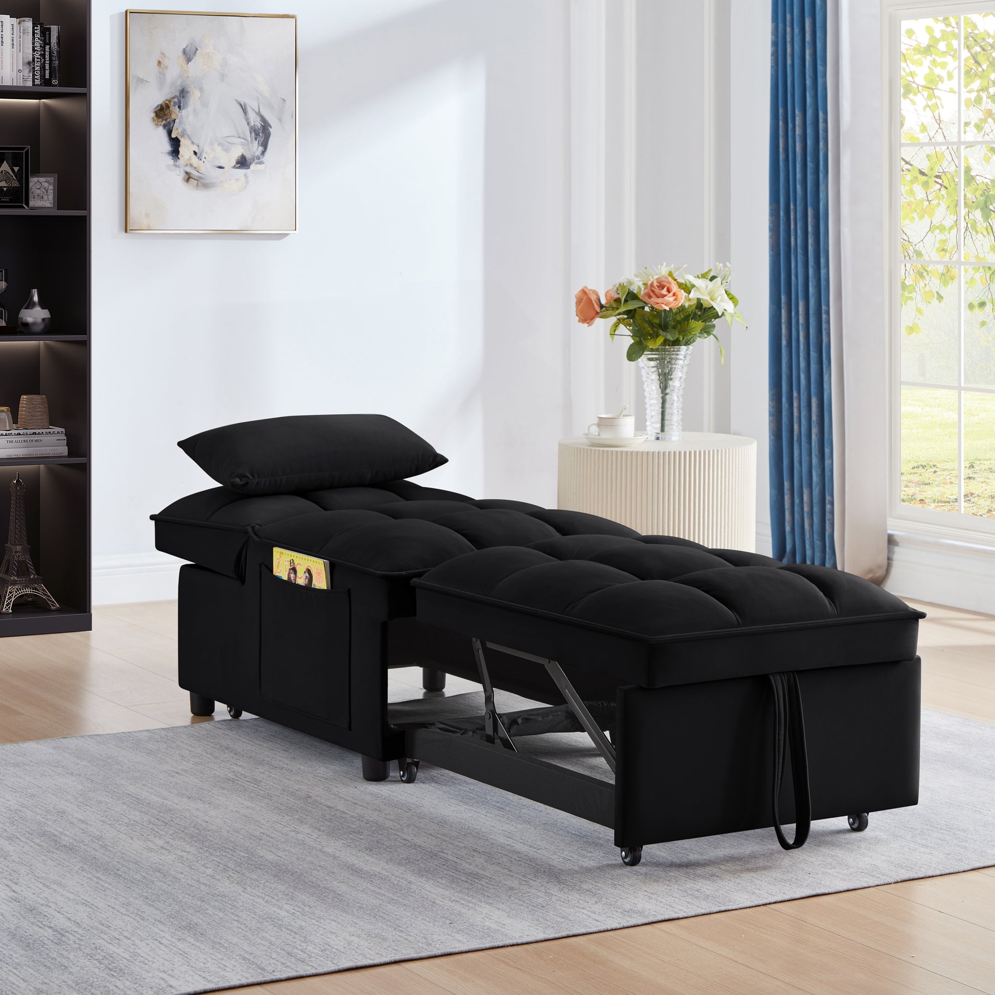 4 In1 Multi Function Single Sofa Bed With Storage Pockets,Tufted Single Pull Out Sofa Bed With Adjustable Backrest And Pillows ,Convertible Chaise Lounge,Black Black Velvet Metal Primary Living Space Medium Soft American Design Armless Foam Velvet 1 Seat