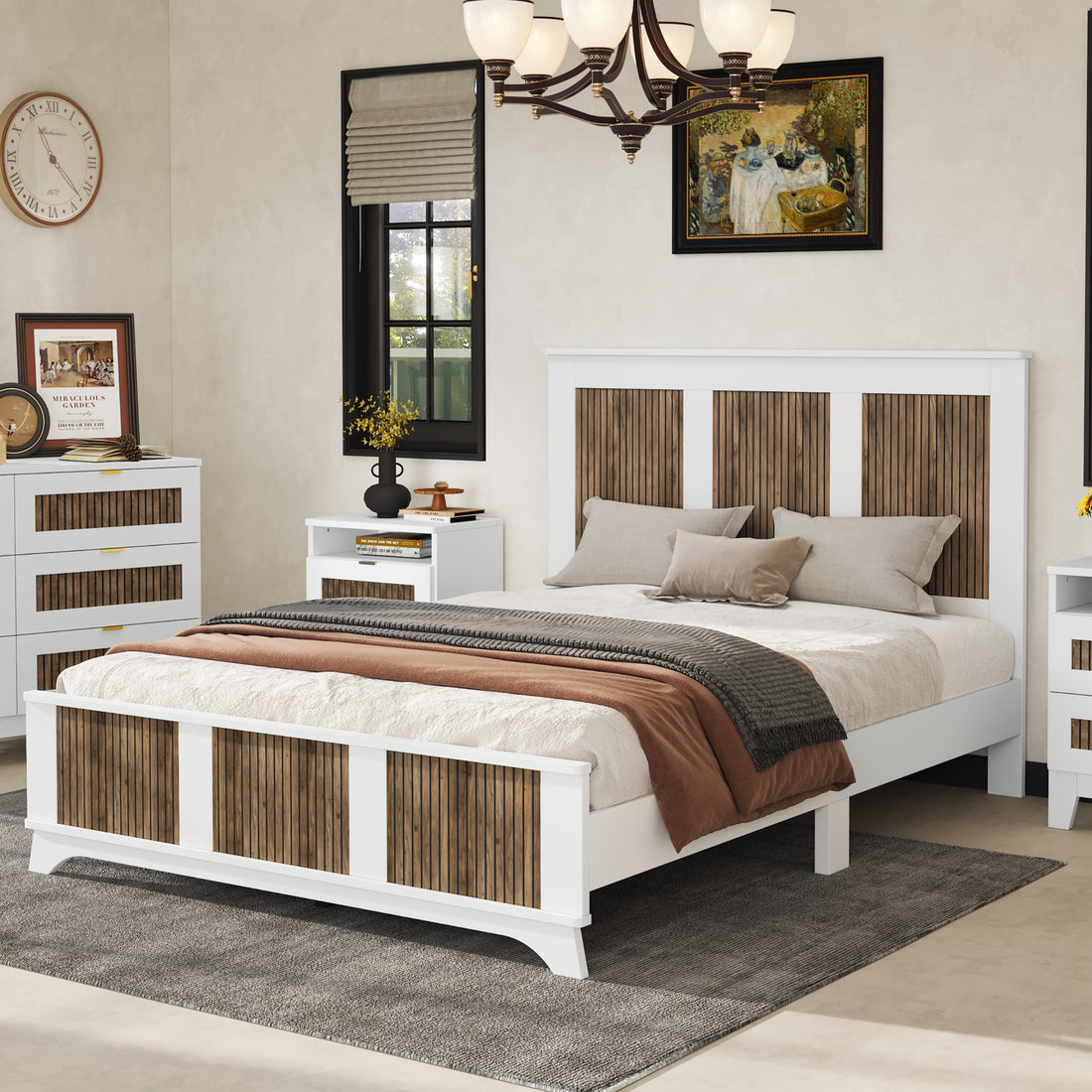 Farmhouse Wooden Platform Queen Size Bed, Modern Platform Bed With Wooden Strip Decoration, Plywood Slats Support, White Queen White Particle Board