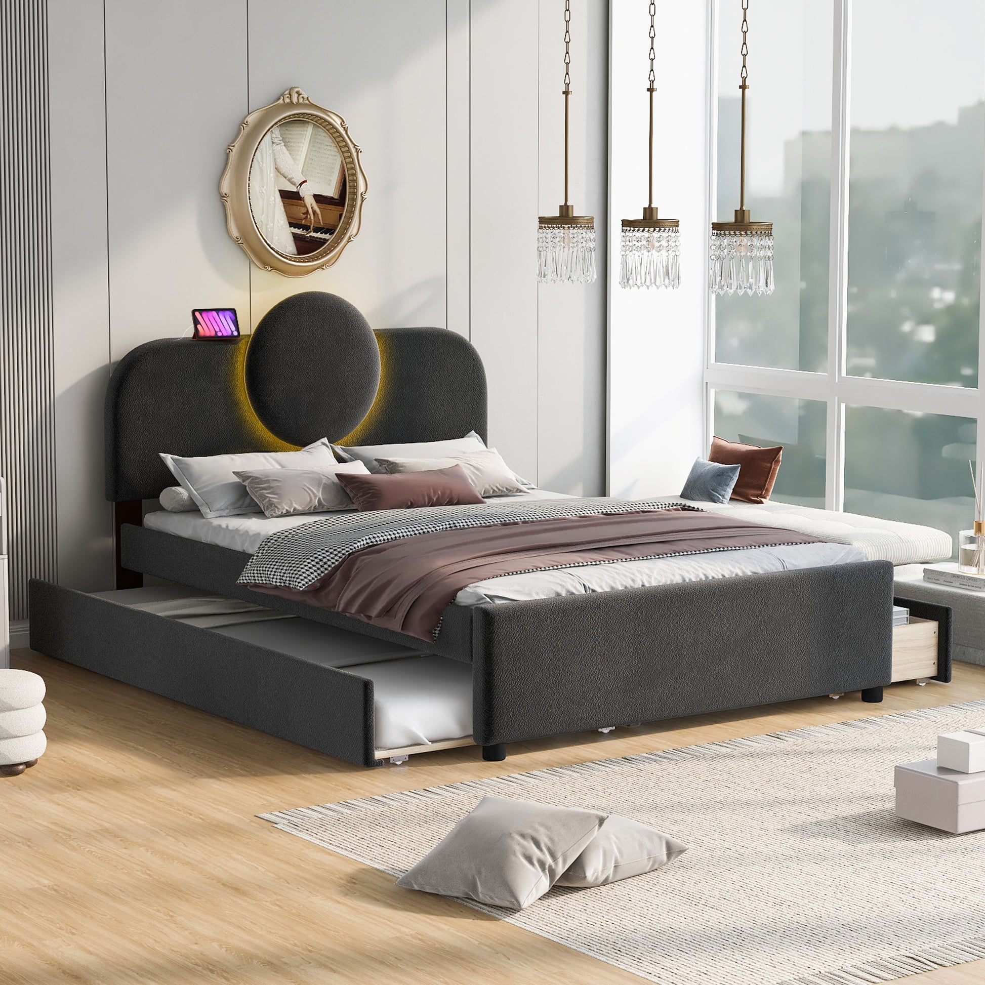 Full Size Upholstered Platform Bed With Multi Functional Led Headboard, Trundle And 2 Drawers, Gray Box Spring Not Required Full Gray Wood Bedroom Upholstered