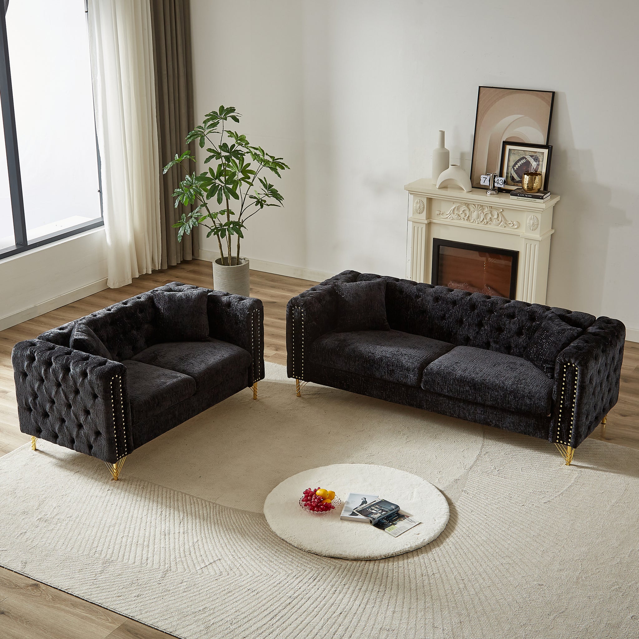 Chenille Pull Buckle Design Sofa For Living Room,Buttons Tufted With Copper Nail Decoration Armrest, Modern Couch Upholstered Button And Metal Legs Black Foam Chenille 5 Seat