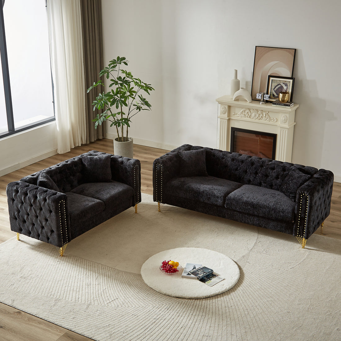Chenille Pull Buckle Design Sofa For Living Room,Buttons Tufted With Copper Nail Decoration Armrest, Modern Couch Upholstered Button And Metal Legs Black Foam Chenille 5 Seat