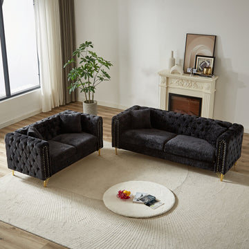 Chenille Pull Buckle Design Sofa For Living Room,Buttons Tufted With Copper Nail Decoration Armrest, Modern Couch Upholstered Button And Metal Legs Black Foam Chenille 5 Seat