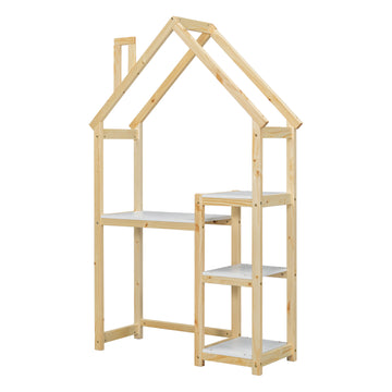 House Shaped Wooden Writing Desk,Kids Study Table,Bookshelf & Toy Storage,Natural Twin Natural American Design Pine