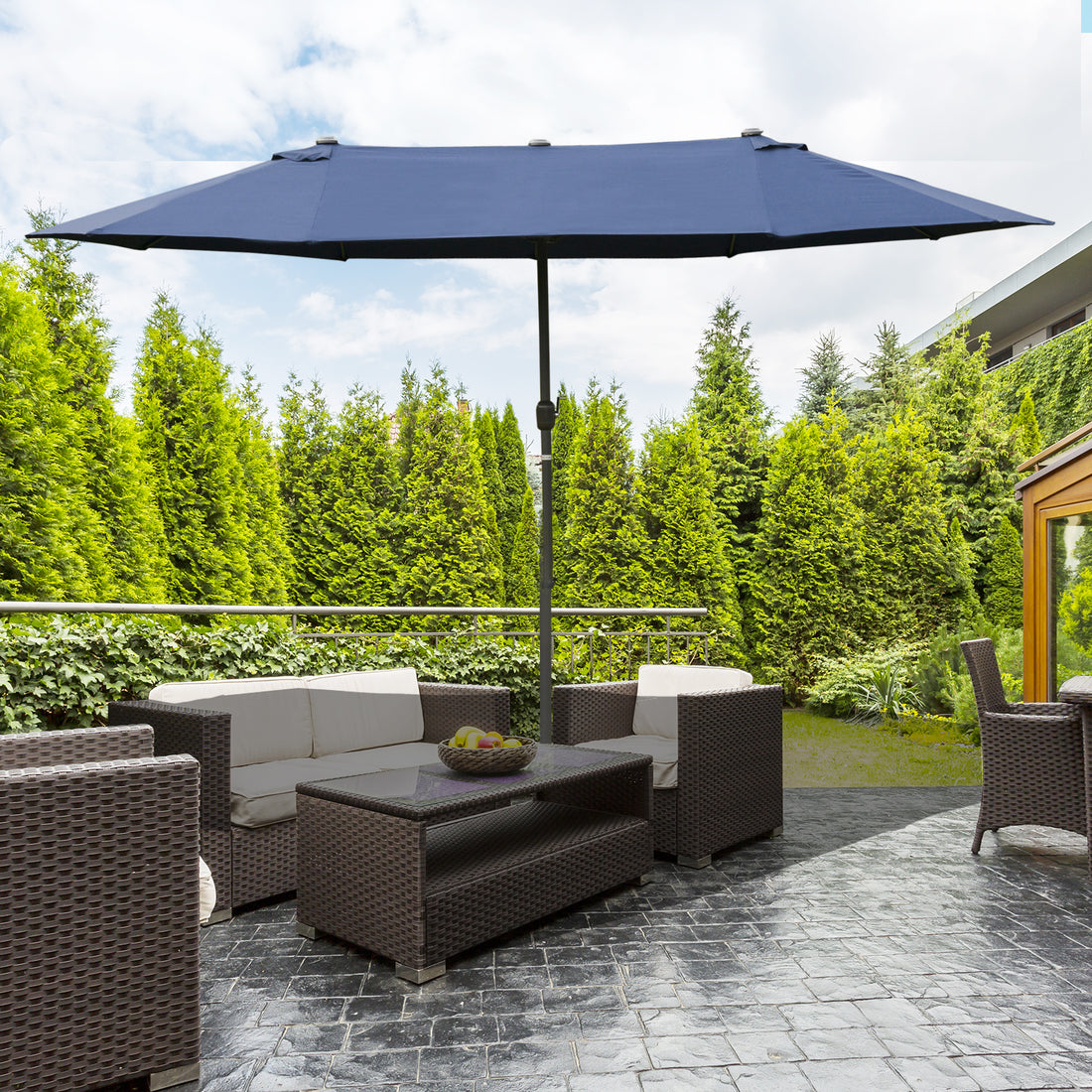 Outsunny Patio Umbrella 15' Steel Rectangular Outdoor Double Sided Market With Base, Sun Protection & Easy Crank For Deck Pool Patio, Dark Blue Blue Steel