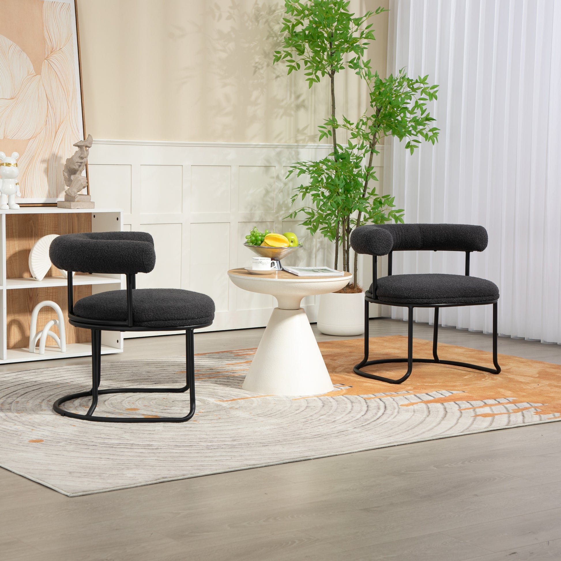 Coolmore Boucle Dining Chairs Set Of 2, Mid Century Modern Curved Backrest Chair, Round Upholstered Kitchen Chairs Carbon Black Boucle Carbon Black Foam Mdf Metal