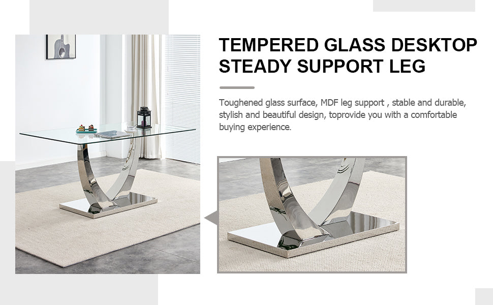 Table And Chair Set.Contemporary, Minimalist Rectangular Dining Table Featuring A Clear Tempered Glass Top And Sleek Silver Legs. Paried With Chairs Made Of Pu Material Cushion And Silver Metal Legs. Light Gray Seats 6 Glass Metal