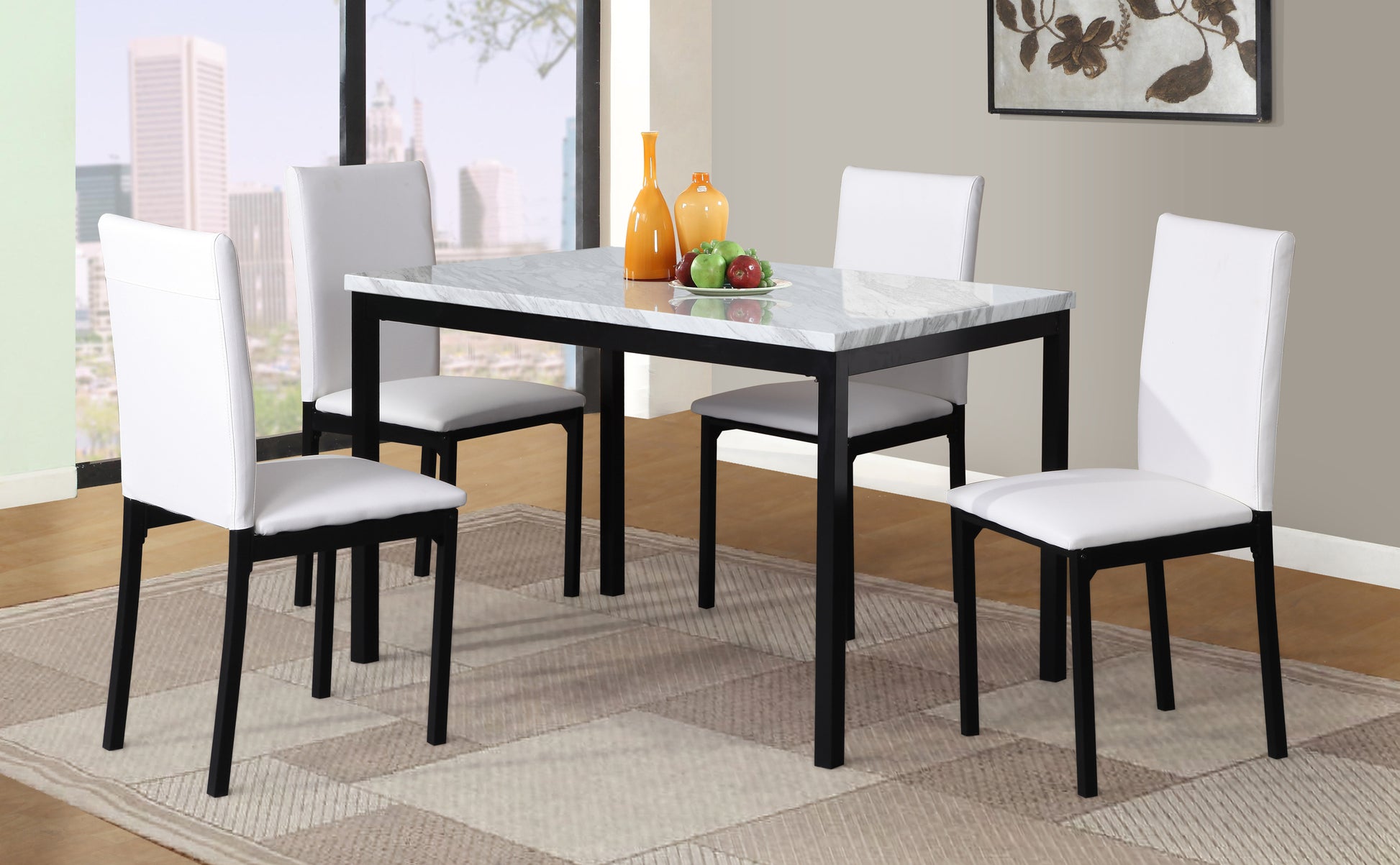 Citico 5 Piece Metal Dinette Set With Laminated Off White Faux Marble Top, 4 White Chairs Metal White Black Seats 4 Metal Dining Room Fixed Table 4 Leg Rectangular Dining Table With Chair Metal & Wood