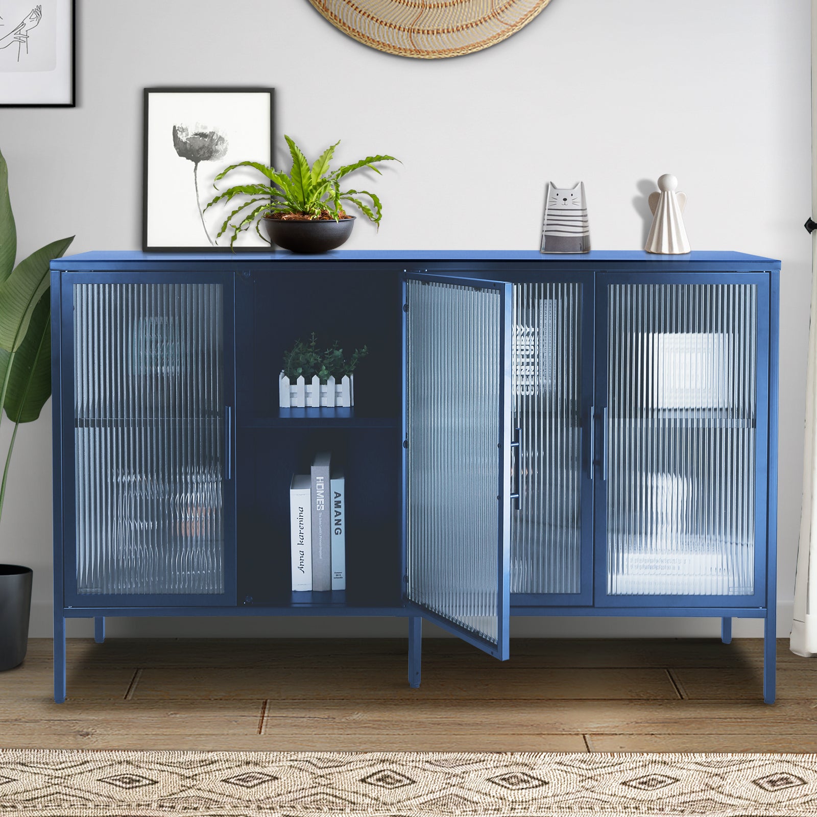 Stylish 4 Door Tempered Glass Cabinet With 4 Glass Doors Adjustable Shelf And Feet Anti Tip Dust Free Fluted Glass Kitchen Credenza Blue Blue Tempered Glass Sheet Metal Plastic